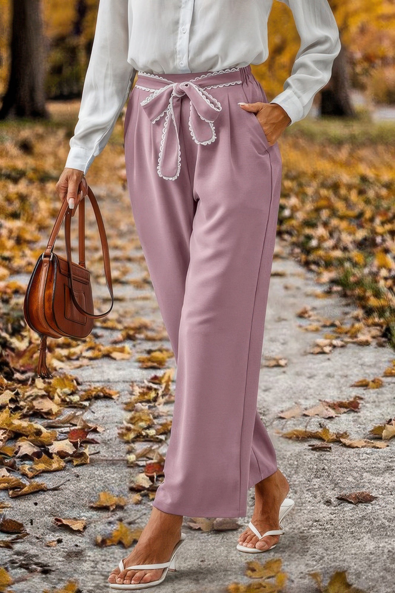Straight Leg Elastic High Waist Lace Tie Trim Pant product image