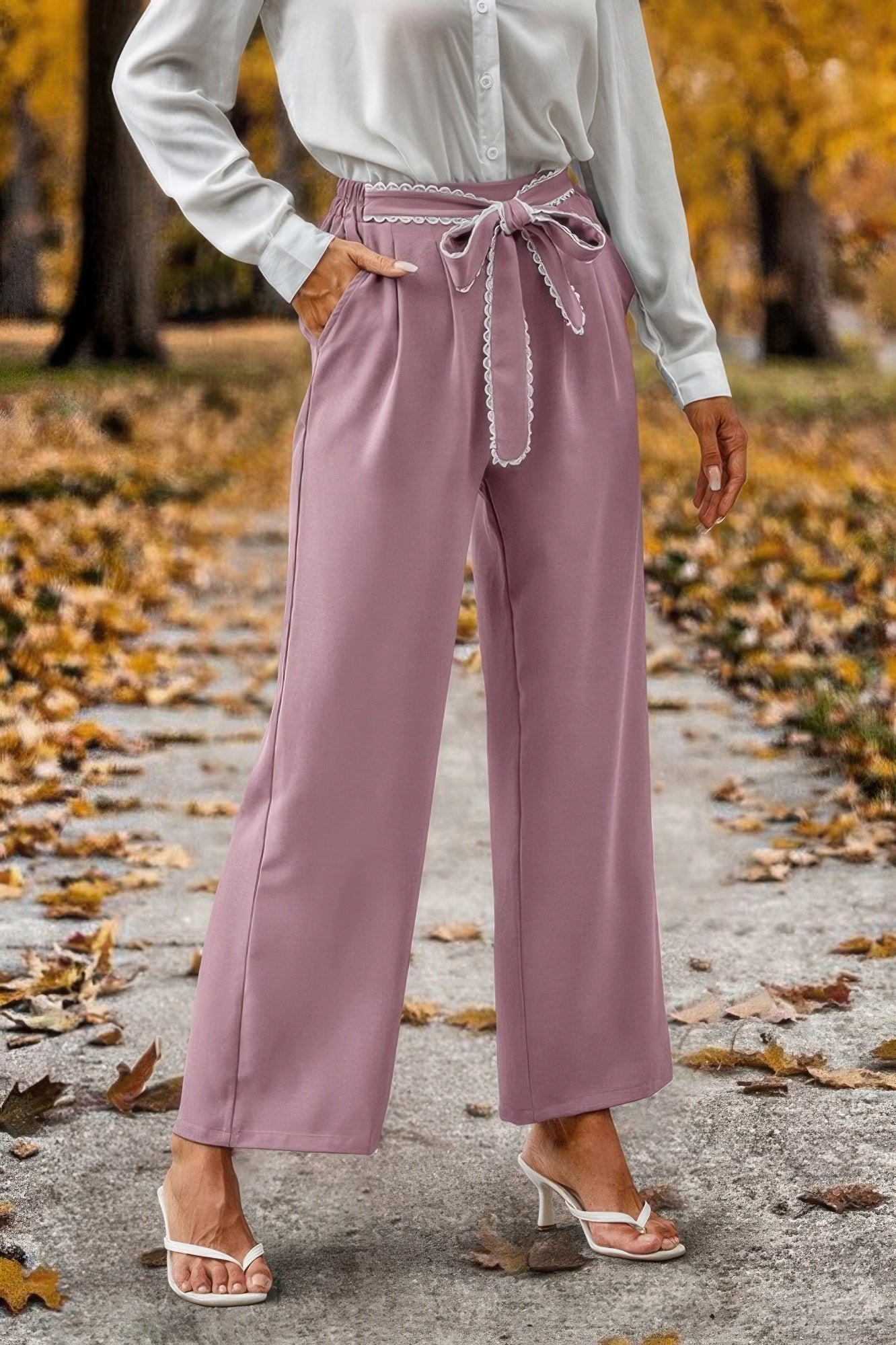 Straight Leg Elastic High Waist Lace Tie Trim Pant product image