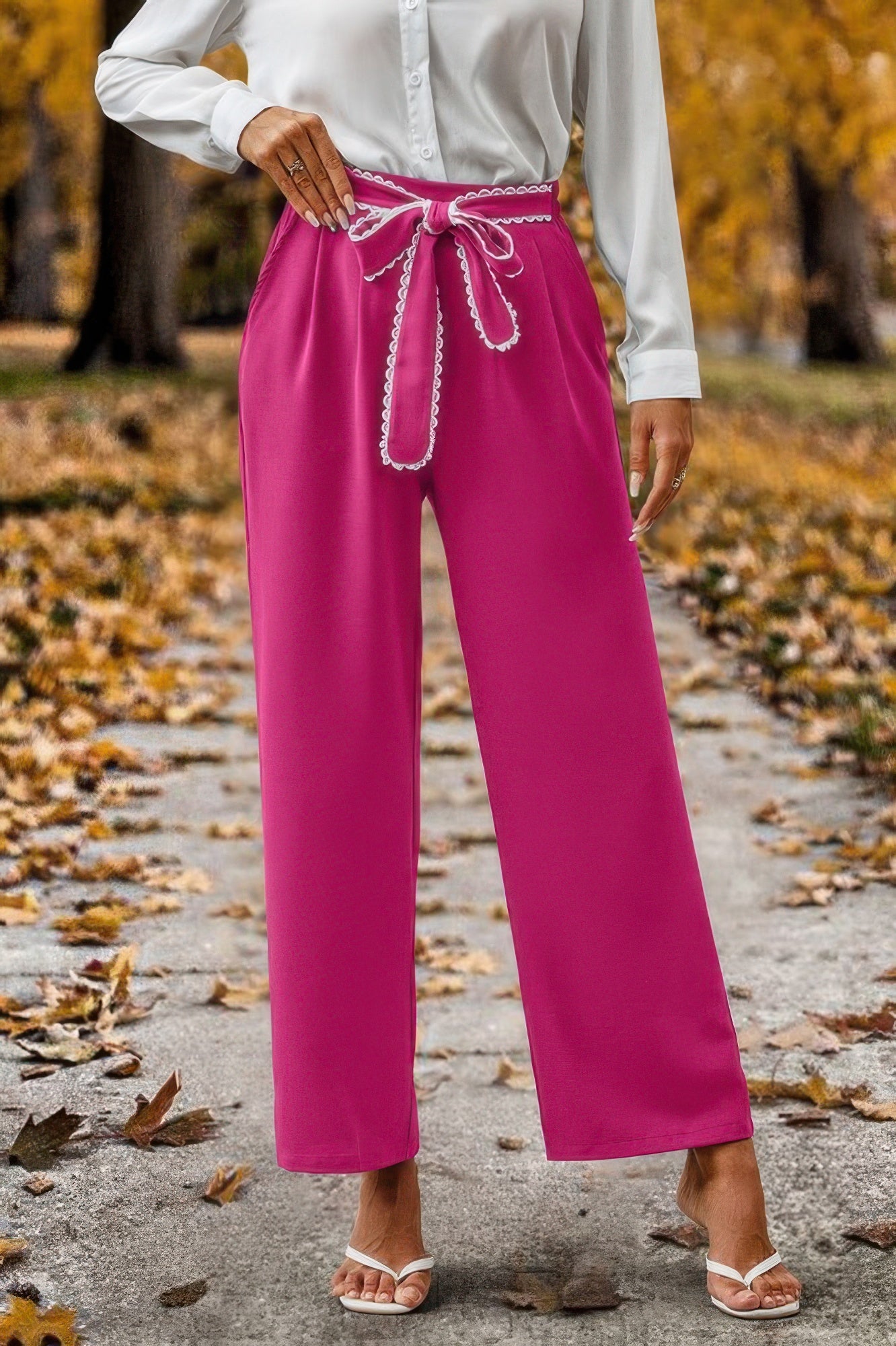 Straight Leg Elastic High Waist Lace Tie Trim Pant product image