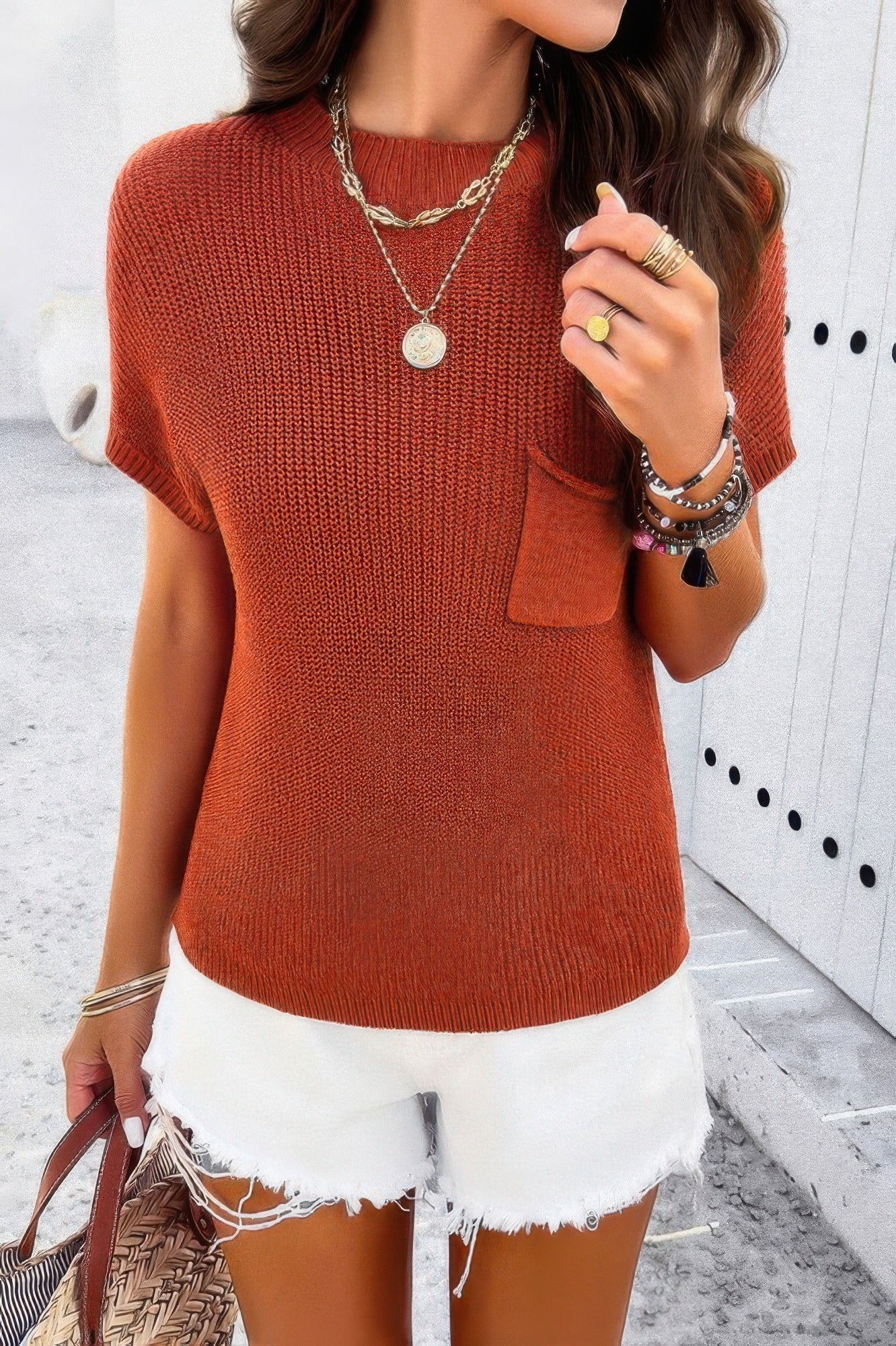 Solid Short Cap Sleeve Ribbed Knit Loose Top product image