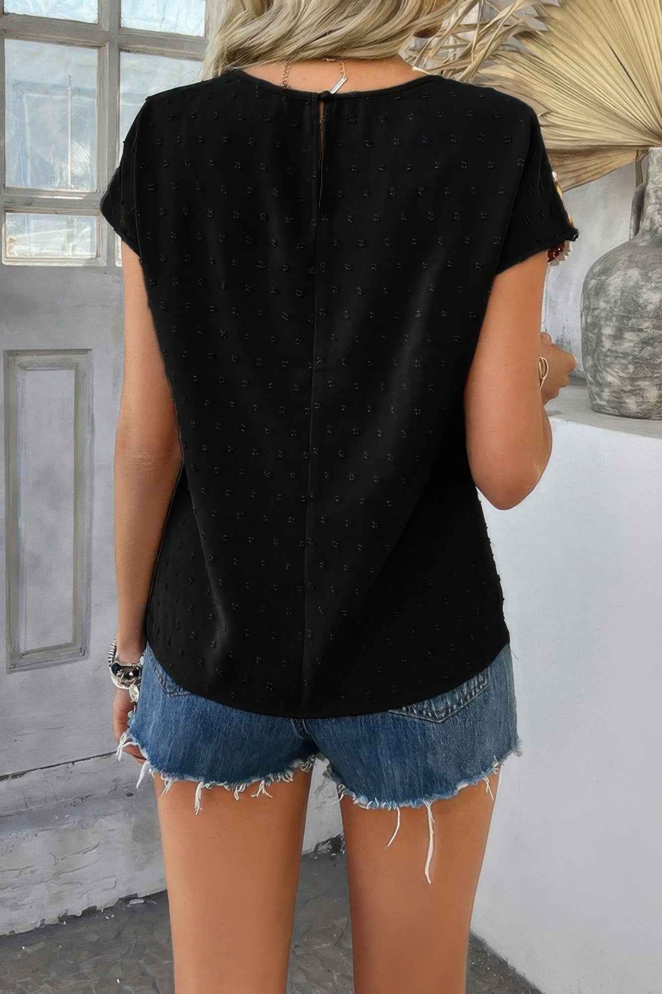 Swiss Dot Crochet Patchwork Short Sleeves Shirt Swiss Dot Crochet Patchwork Short Sleeves Shirt