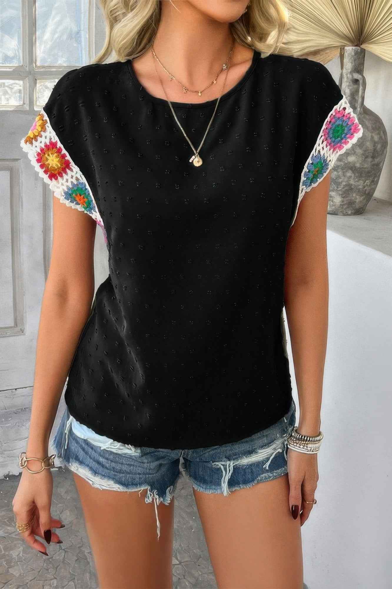 Swiss Dot Crochet Patchwork Short Sleeves Shirt Swiss Dot Crochet Patchwork Short Sleeves Shirt