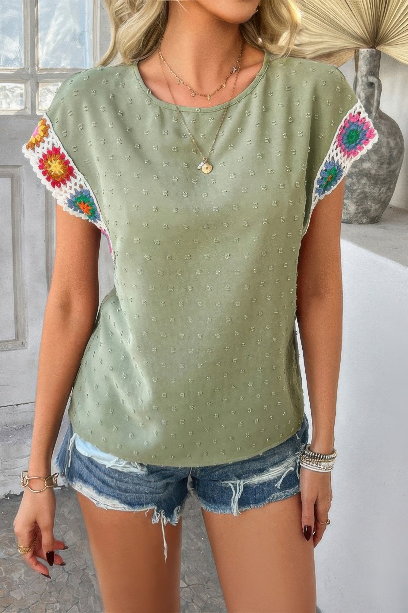 Swiss Dot Crochet Patchwork Short Sleeves Shirt product image