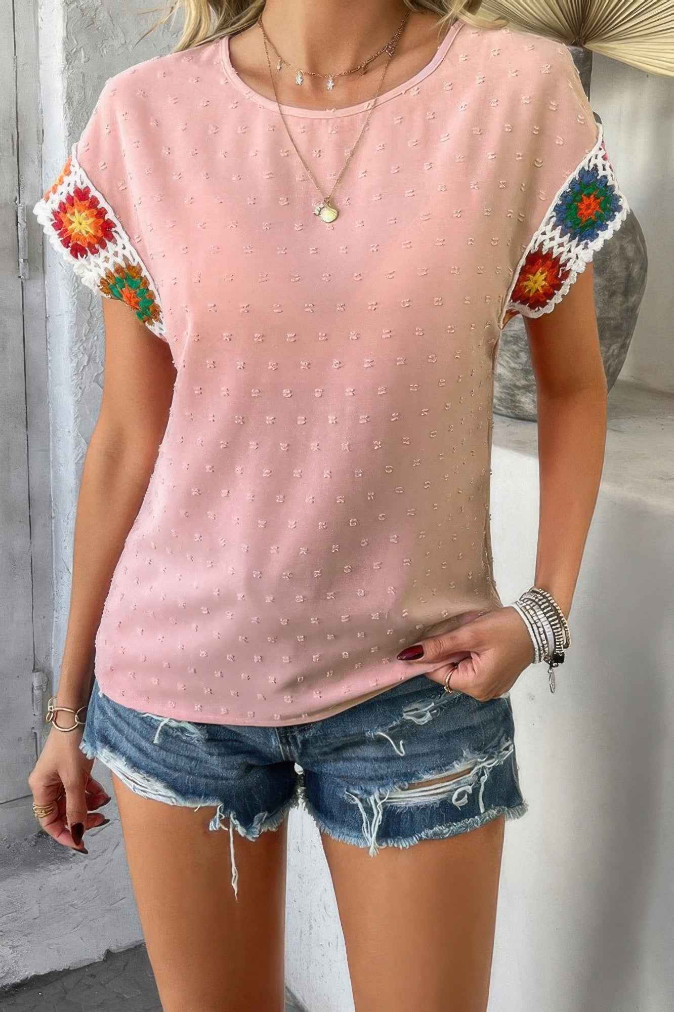 Swiss Dot Crochet Patchwork Short Sleeves Shirt Swiss Dot Crochet Patchwork Short Sleeves Shirt