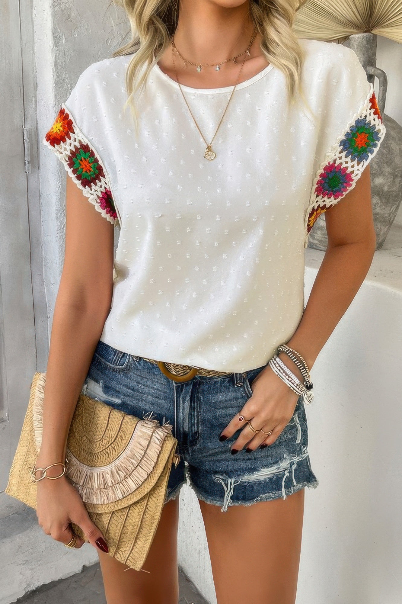 Swiss Dot Crochet Patchwork Short Sleeves Shirt product image