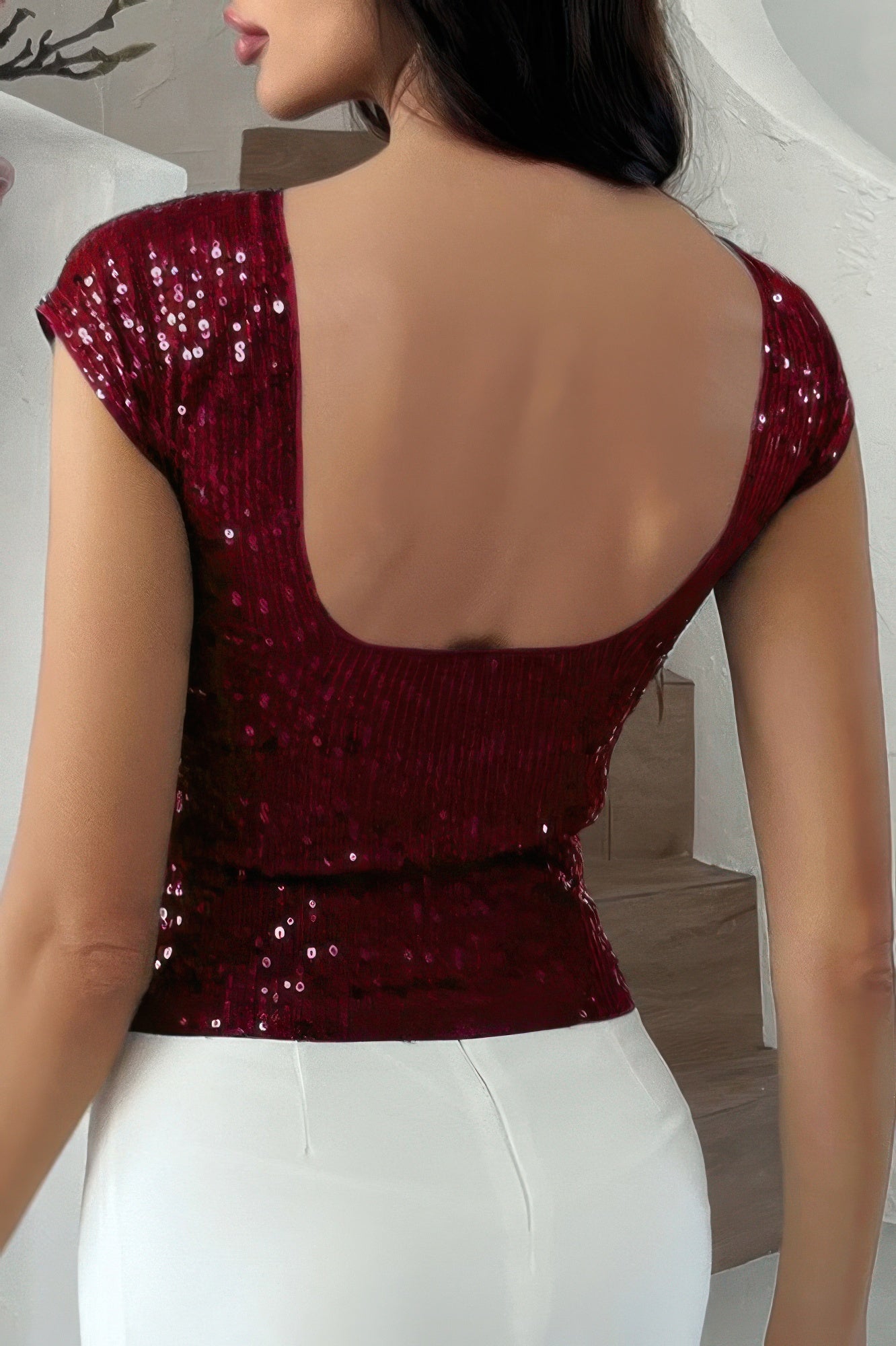 Round Neck Sequin Crop Slim Short Sleeves Top product image