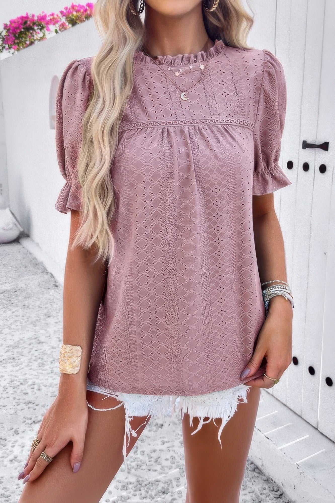 Round Neck Embroidery Ruffle Sleeve Loose Fit Shirt product image