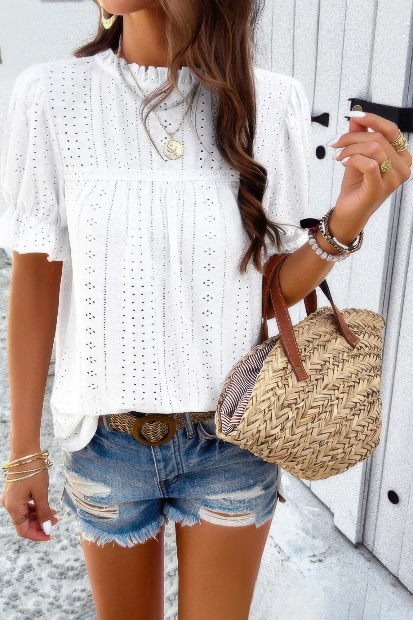 Round Neck Embroidery Ruffle Sleeve Loose Fit Shirt product image