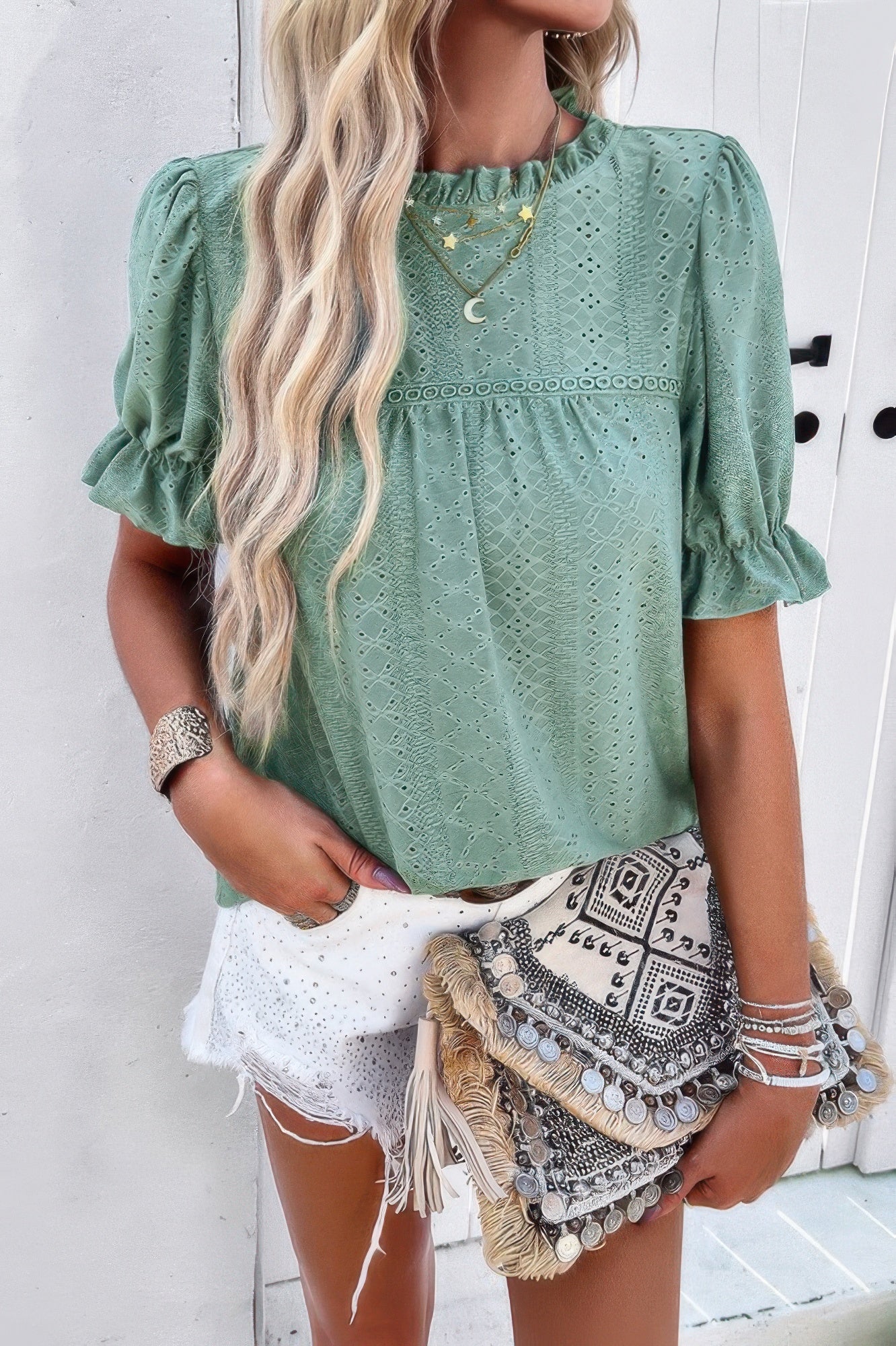 Round Neck Embroidery Ruffle Sleeve Loose Fit Shirt product image