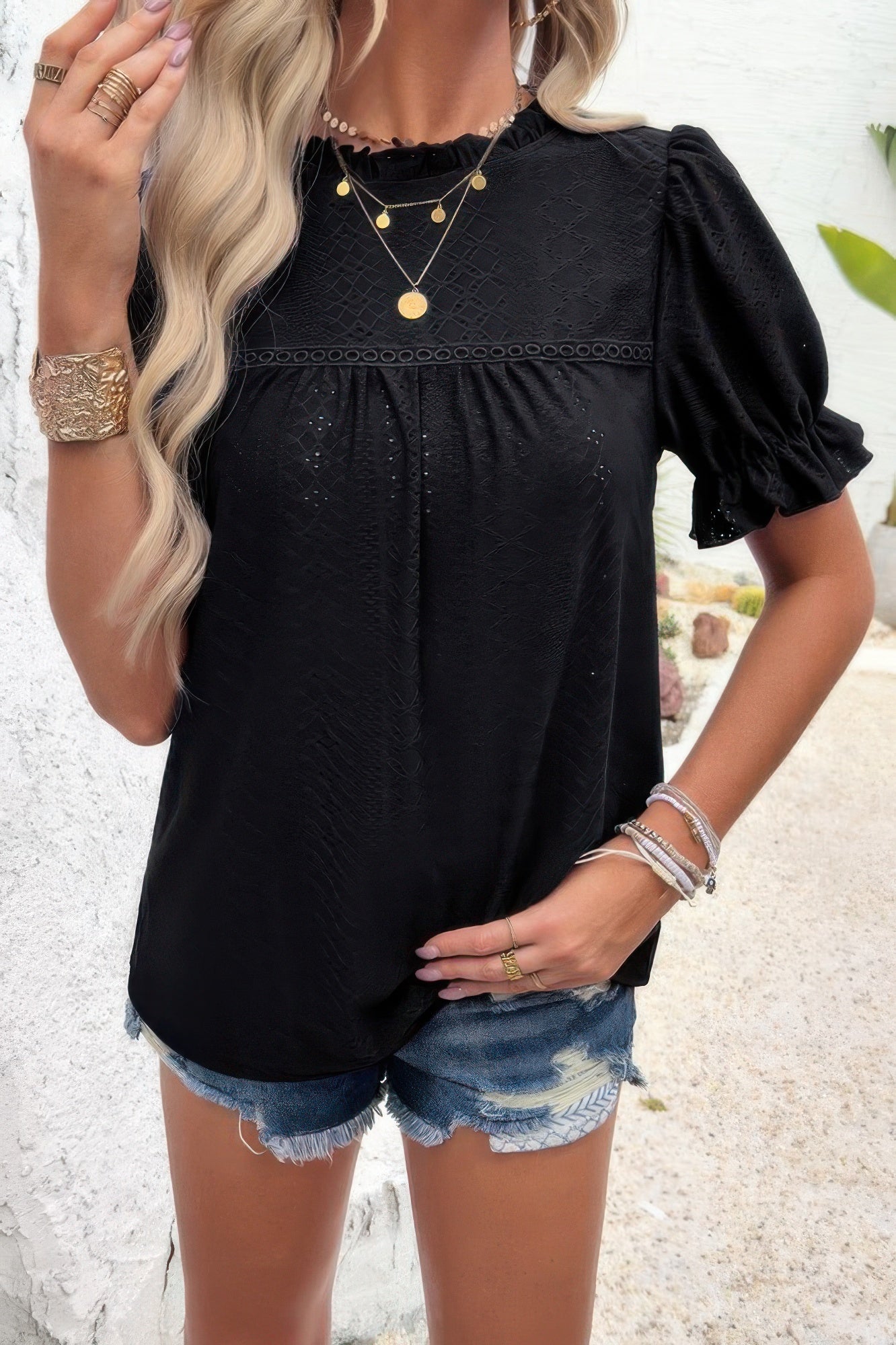 Round Neck Embroidery Ruffle Sleeve Loose Fit Shirt product image