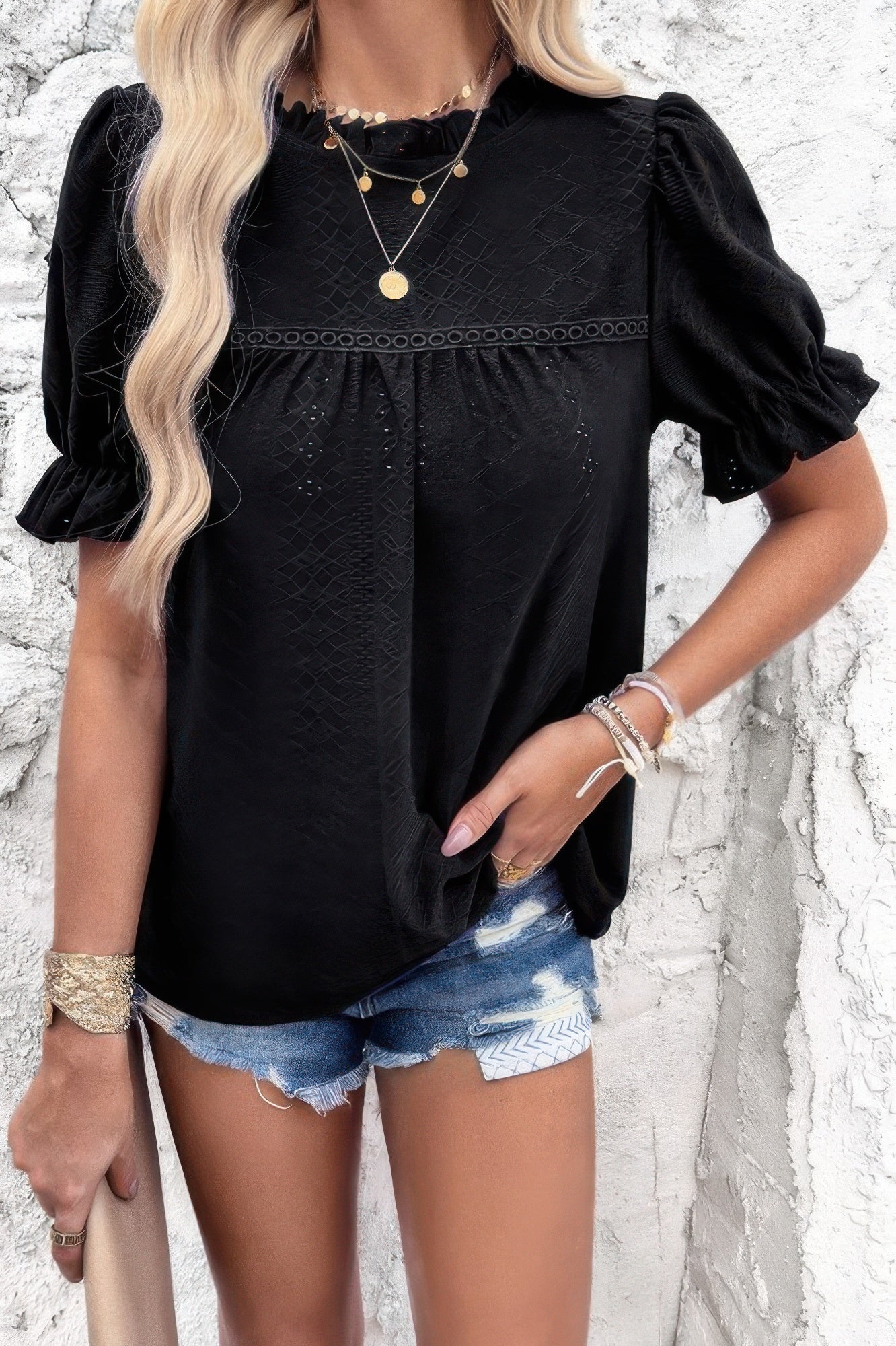 Round Neck Embroidery Ruffle Sleeve Loose Fit Shirt product image