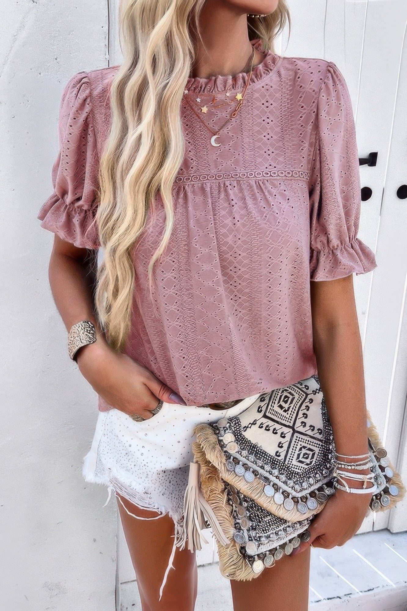 Round Neck Embroidery Ruffle Sleeve Loose Fit Shirt product image