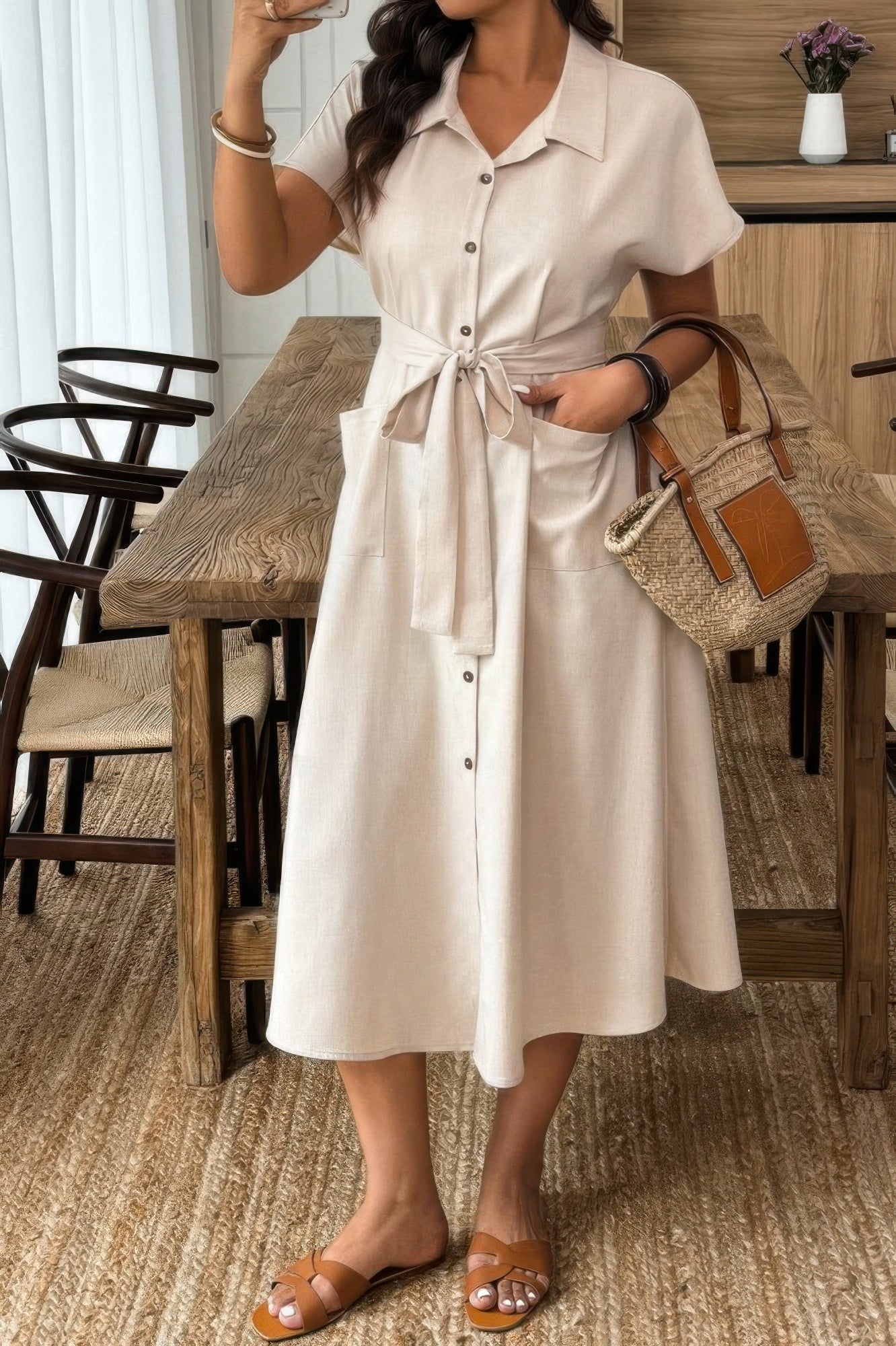 Plus Solid Button Down Straight Belted Shirt Dress product image