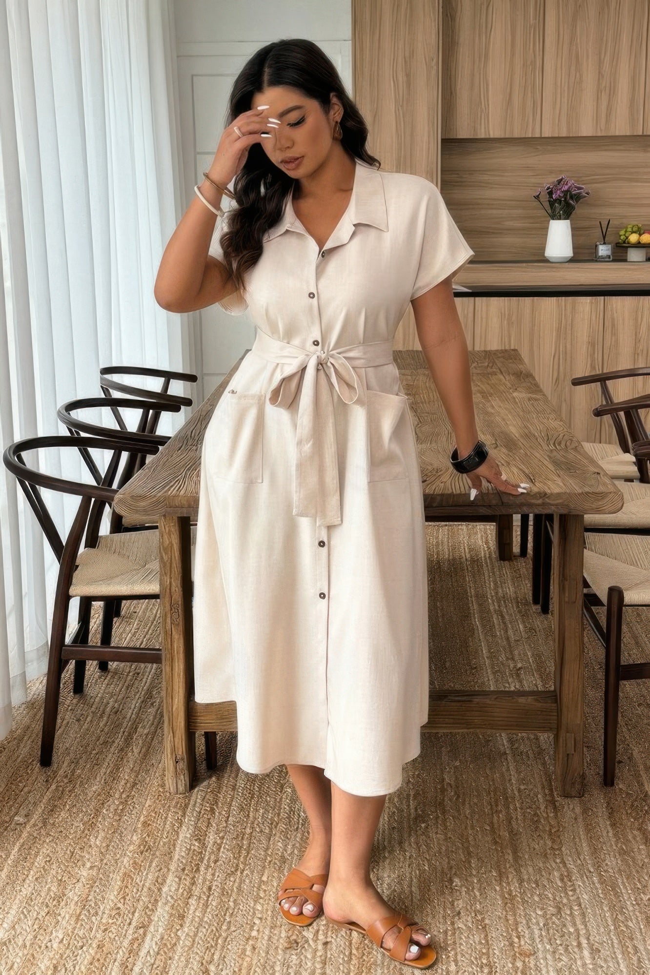 Plus Solid Button Down Straight Belted Shirt Dress product image
