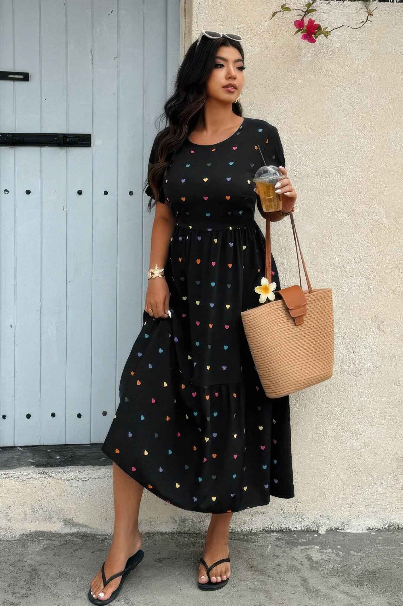 Plus Heart Print Round Neck Ruffle Hem Dress Plus Heart Print Round Neck Ruffle Hem Dress