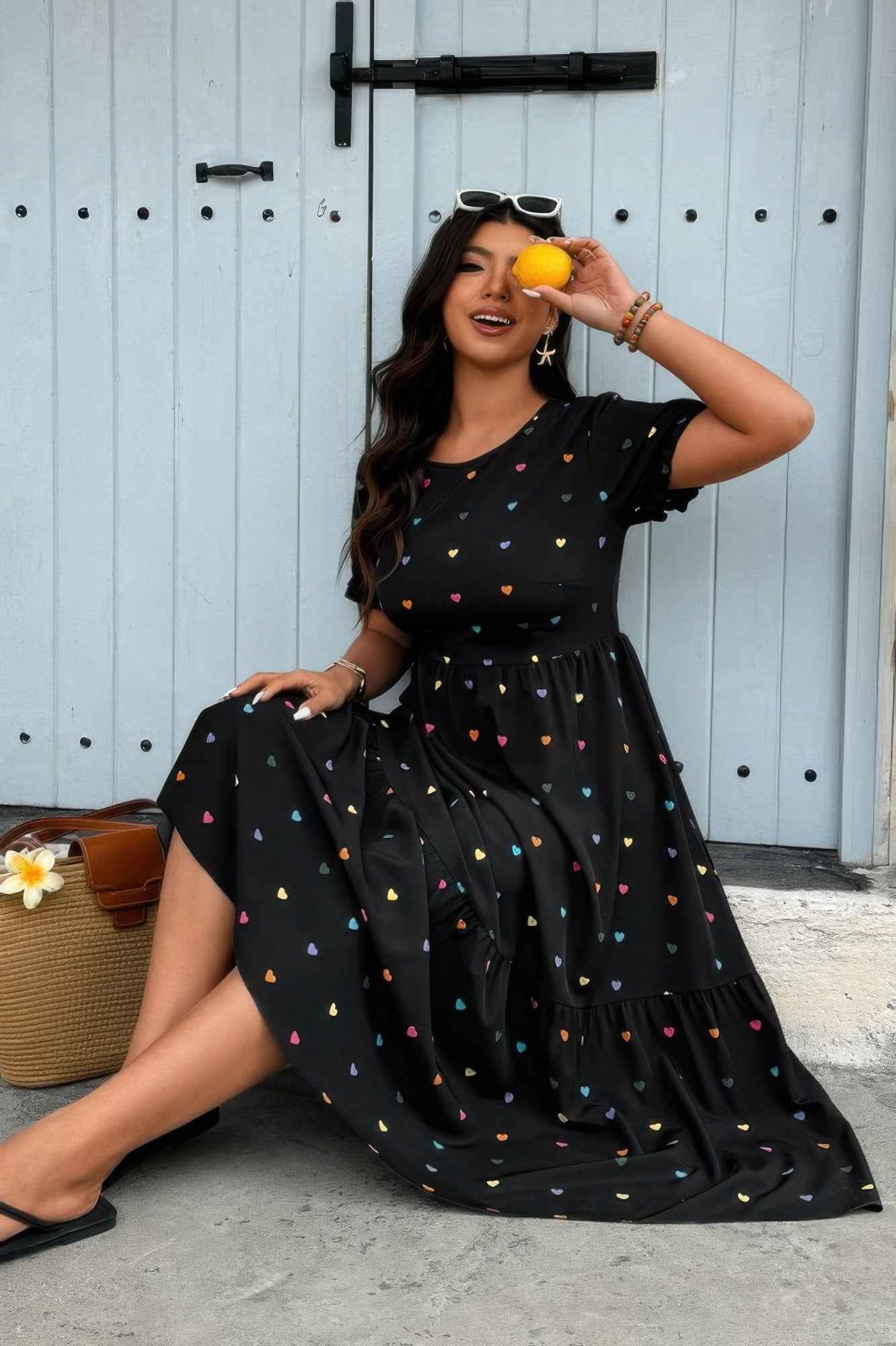 Plus Heart Print Round Neck Ruffle Hem Dress Plus Heart Print Round Neck Ruffle Hem Dress