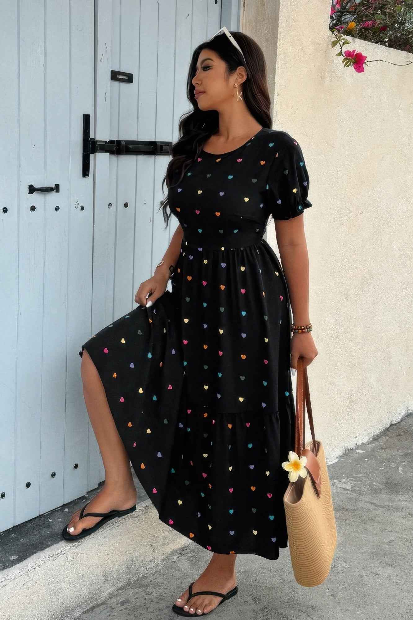 Plus Heart Print Round Neck Ruffle Hem Dress Plus Heart Print Round Neck Ruffle Hem Dress