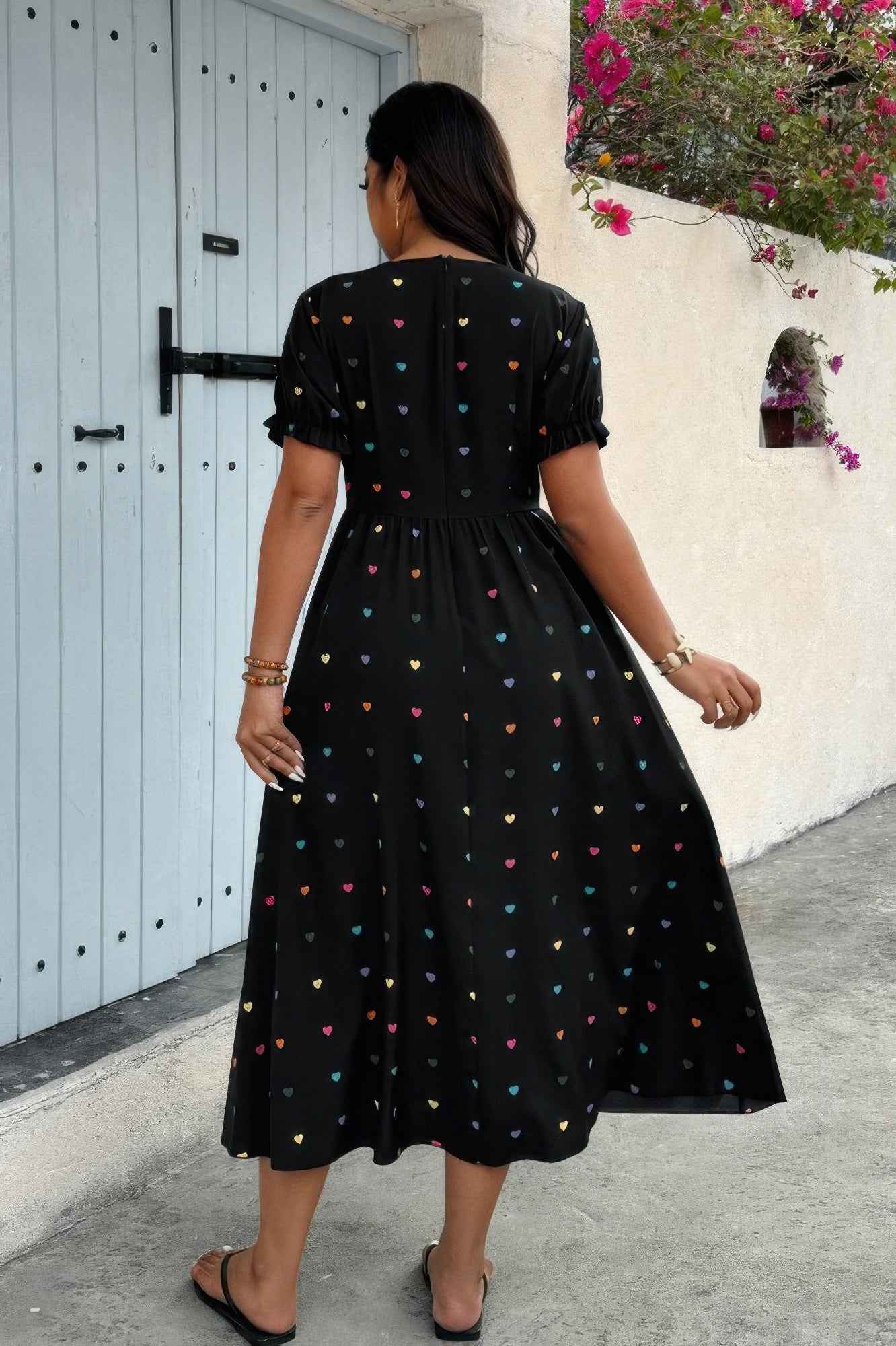 Plus Heart Print Round Neck Ruffle Hem Dress Plus Heart Print Round Neck Ruffle Hem Dress