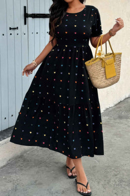 Plus Heart Print Round Neck Ruffle Hem Dress