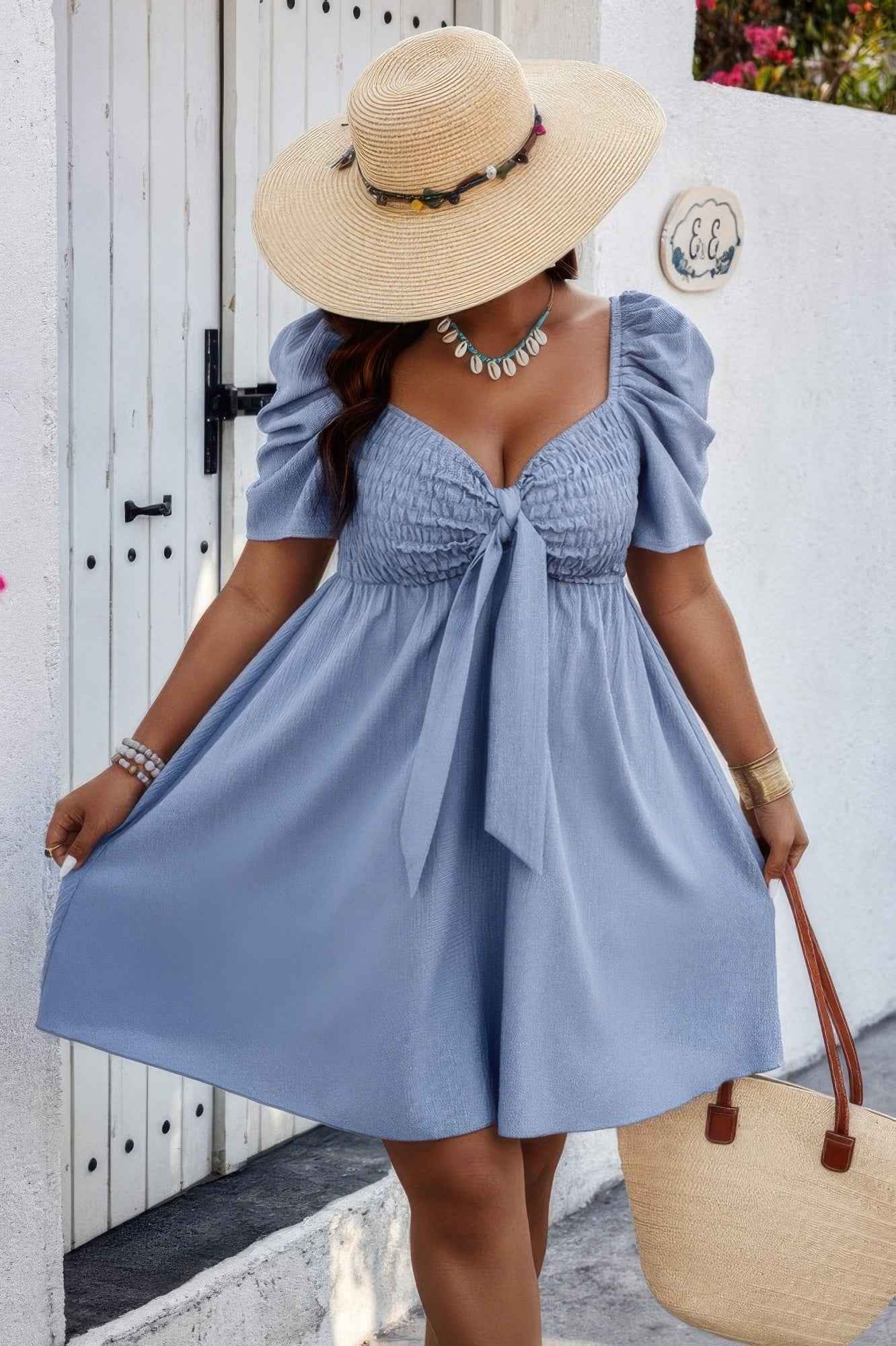 Plus Solid Front Knot Short Puff Sleeve Fit Dress Plus Solid Front Knot Short Puff Sleeve Fit Dress