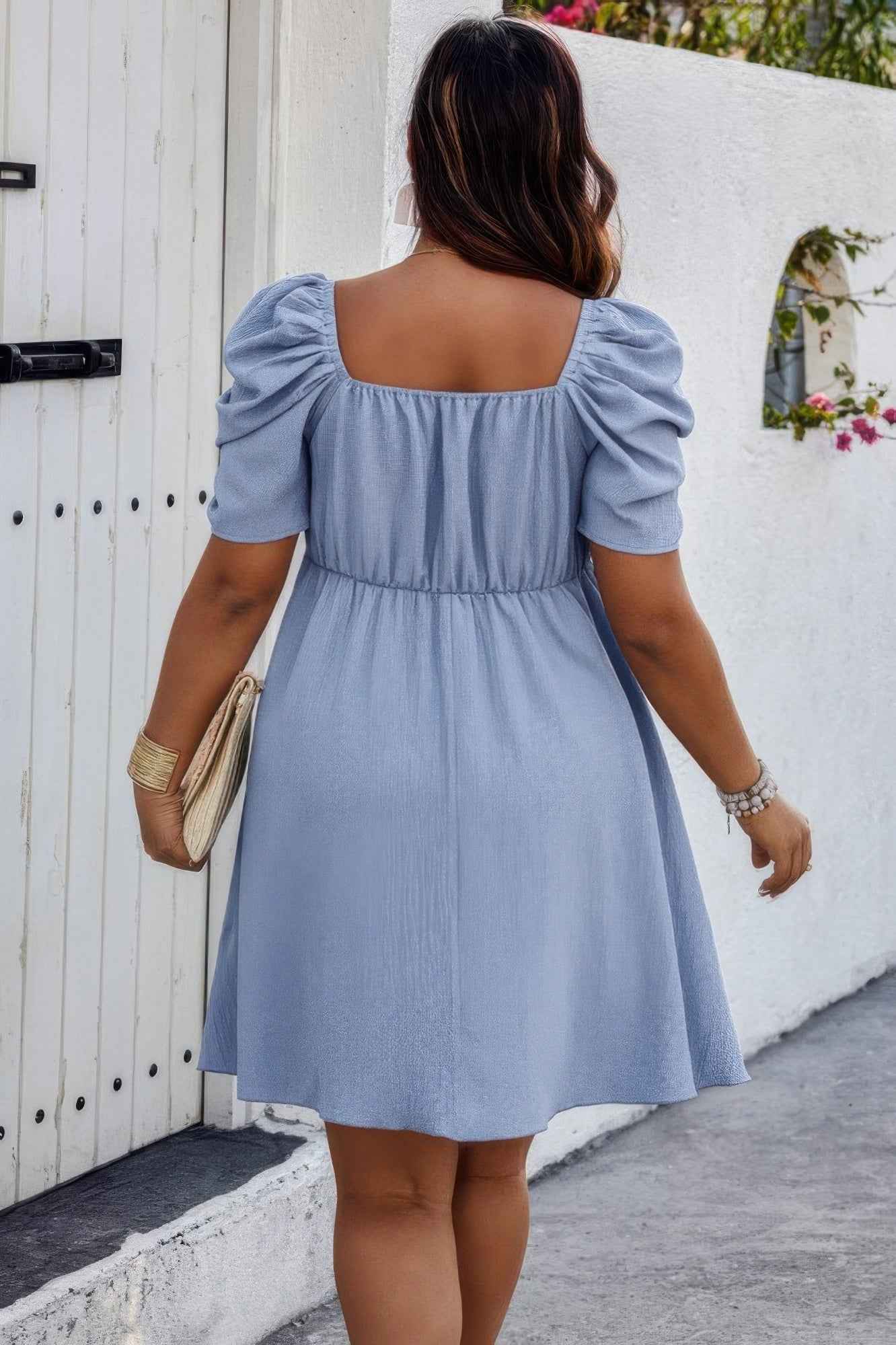 Plus Solid Front Knot Short Puff Sleeve Fit Dress Plus Solid Front Knot Short Puff Sleeve Fit Dress