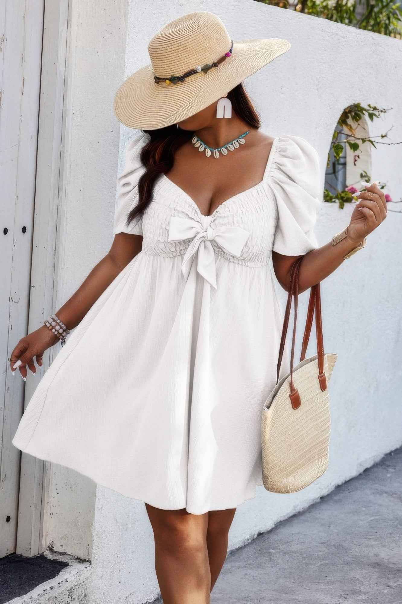Plus Solid Front Knot Short Puff Sleeve Fit Dress Plus Solid Front Knot Short Puff Sleeve Fit Dress