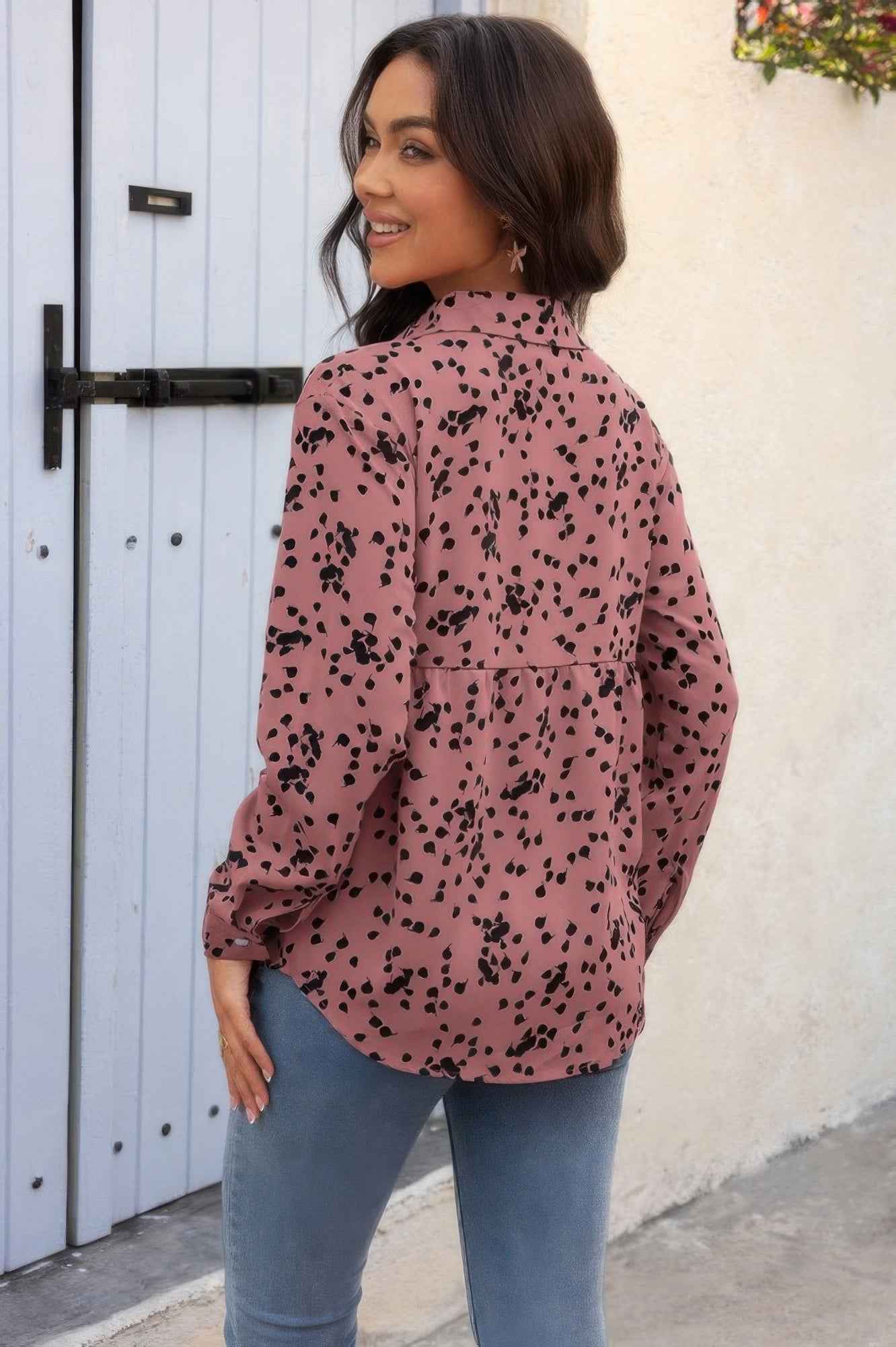 Allover Print V Neck Button Down Loose Blouse Allover Print V Neck Button Down Loose Blouse