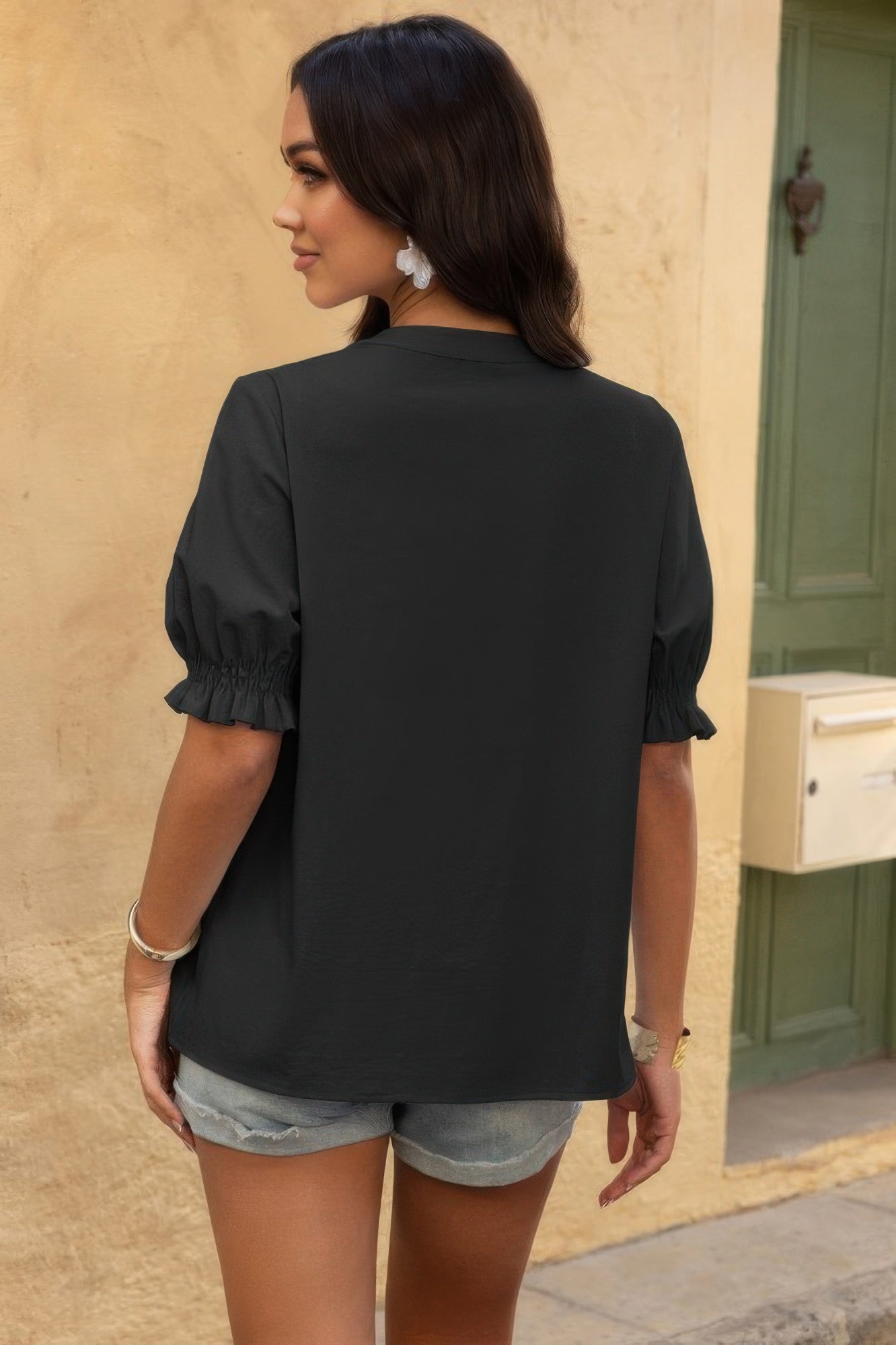 V Neck Boho Puff Short Sleeve Button Down Shirt product image