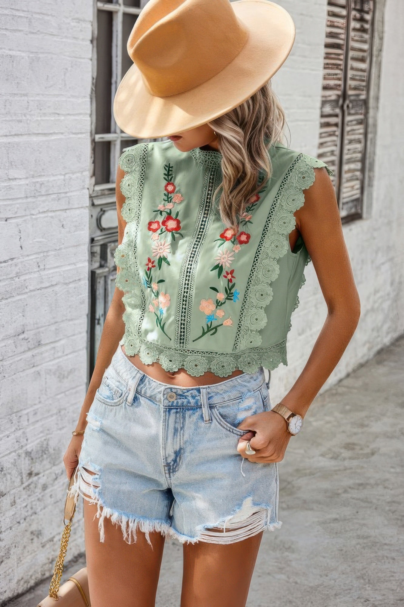 Sleeveless Floral Embroidery Guipure Lace Blouse product image