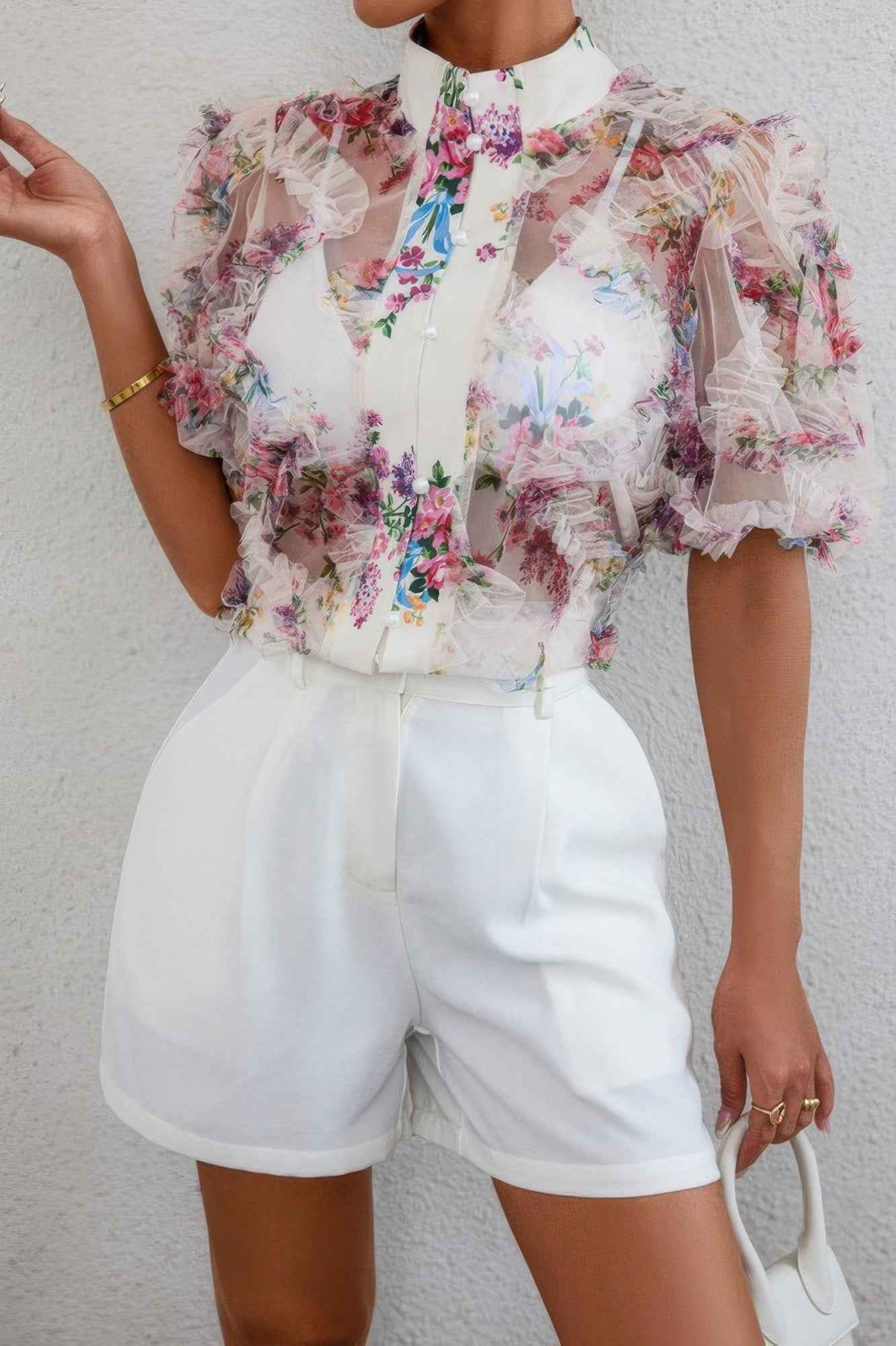 Allover Print See Through Collar Puff Sleeve Shirt Allover Print See Through Collar Puff Sleeve Shirt