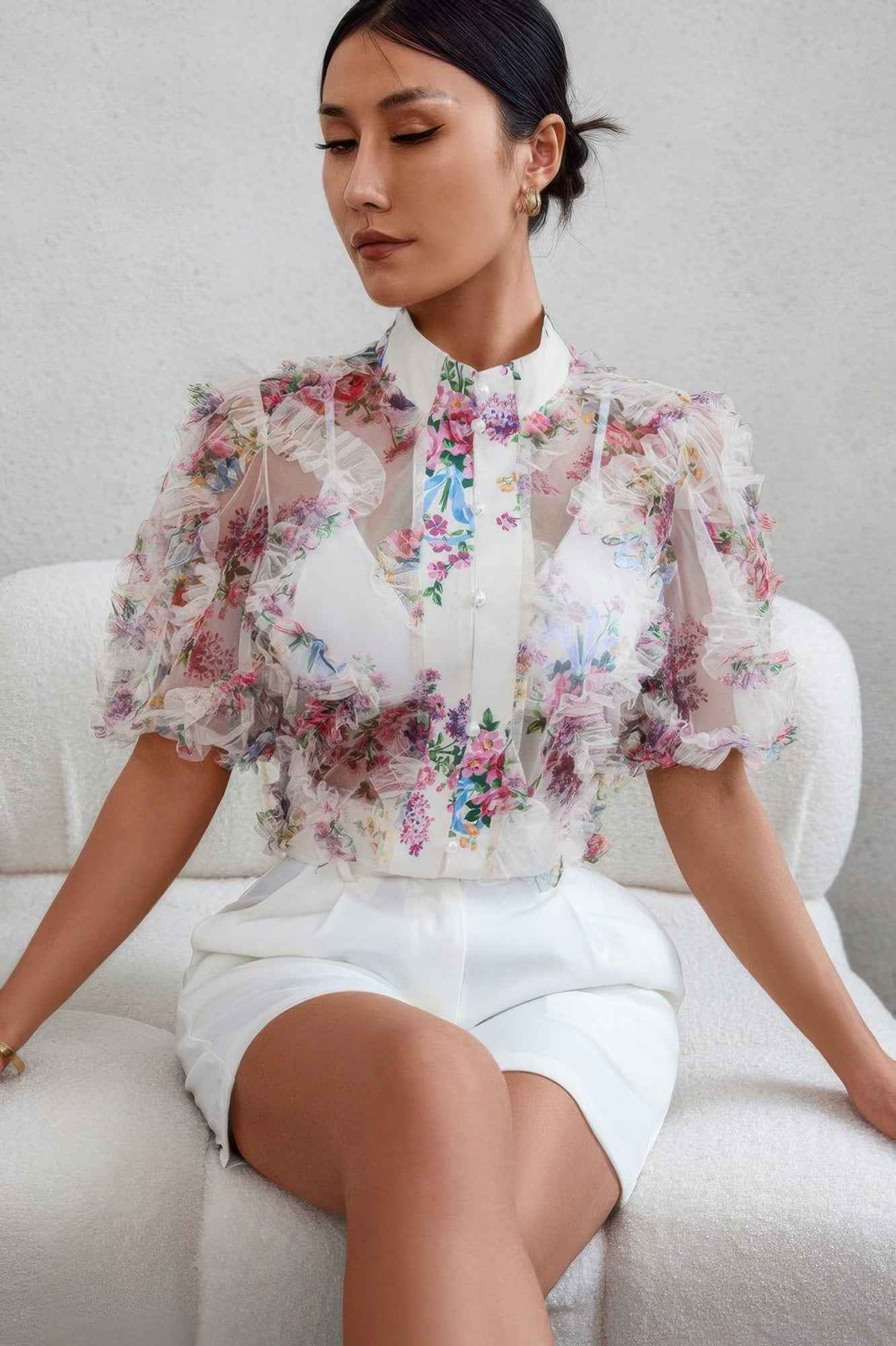 Allover Print See Through Collar Puff Sleeve Shirt Allover Print See Through Collar Puff Sleeve Shirt