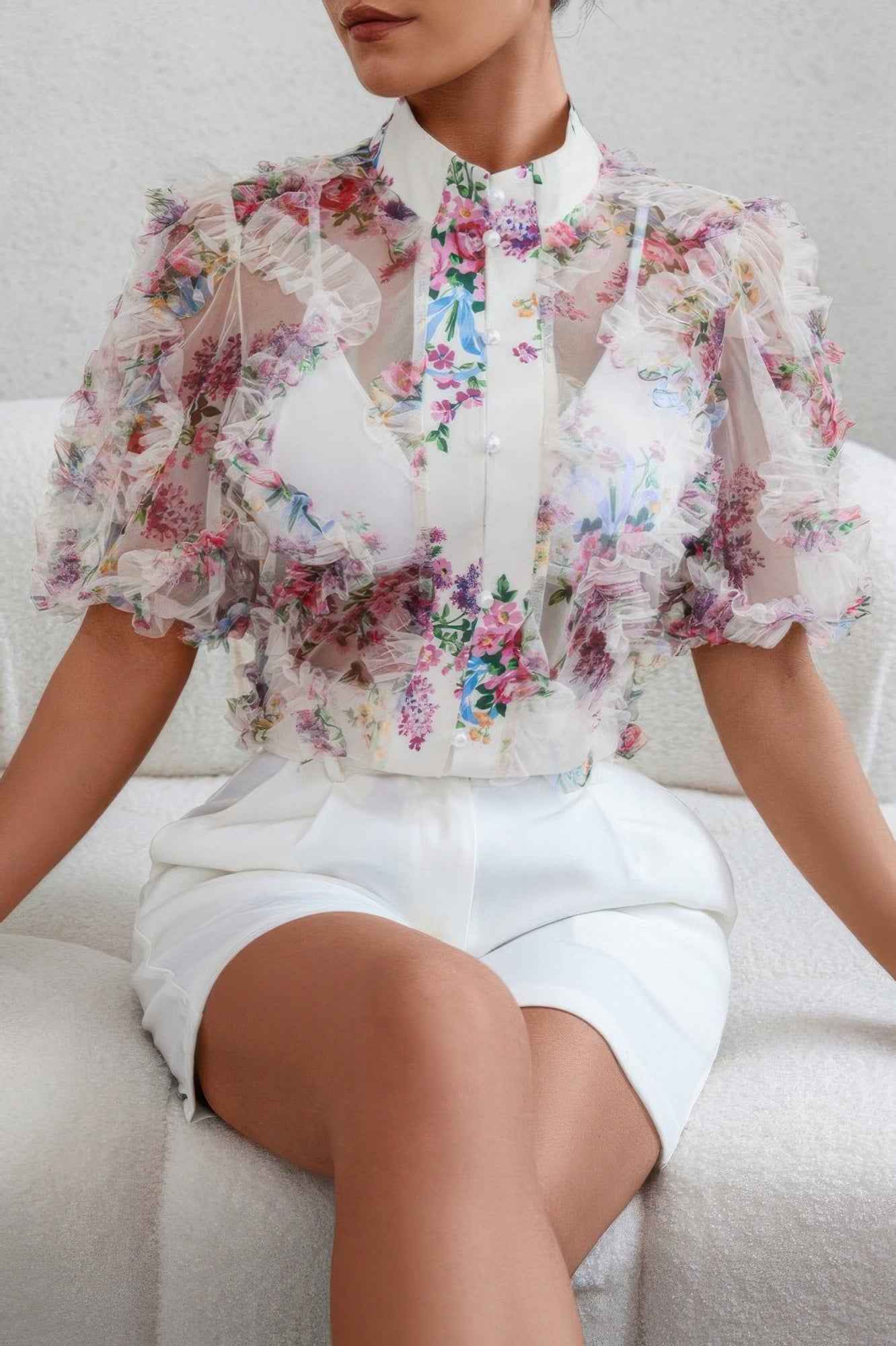 Allover Print See Through Collar Puff Sleeve Shirt Allover Print See Through Collar Puff Sleeve Shirt