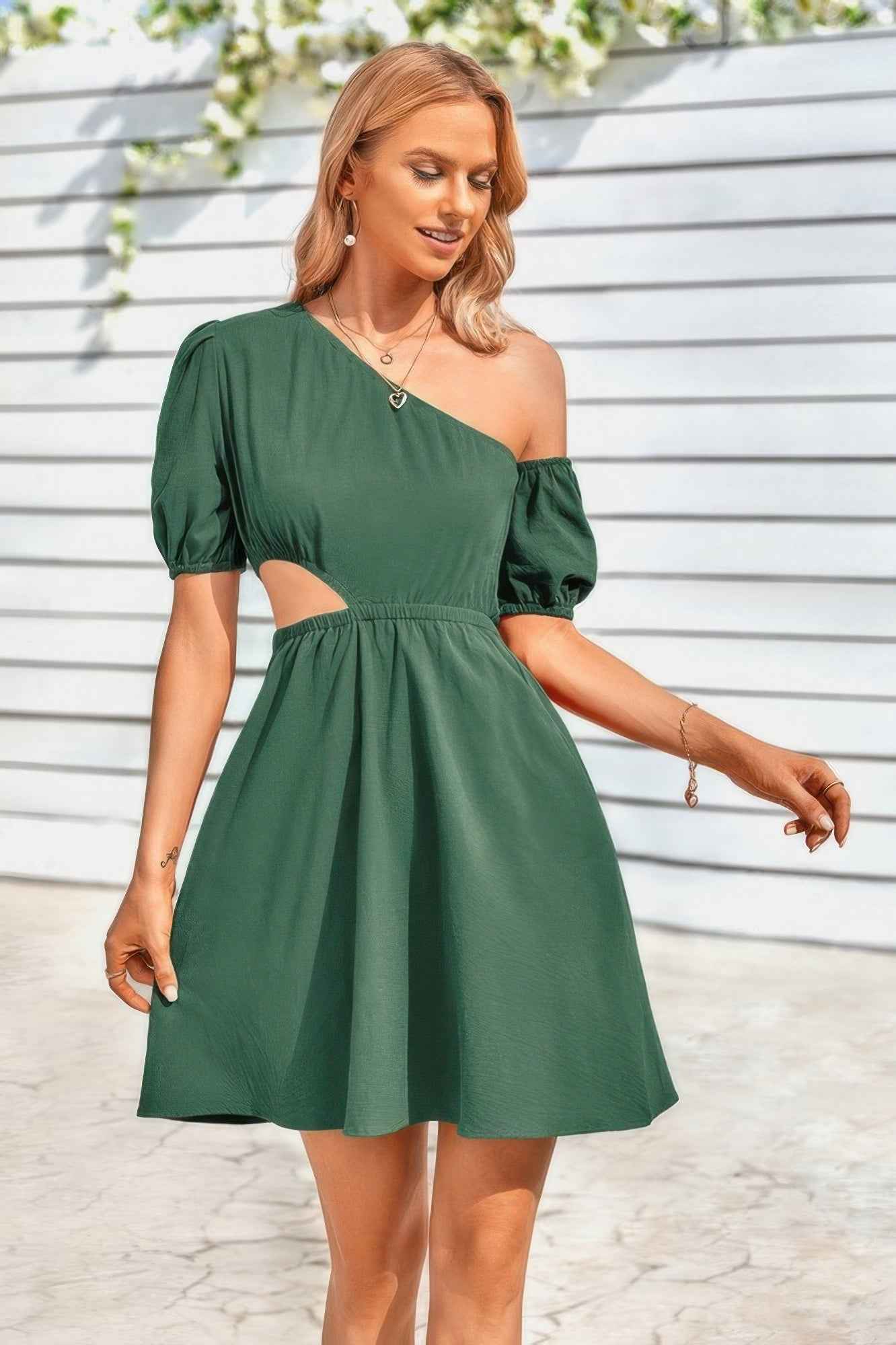 One Shoulder Puff Sleeve Fit Flare Short Dress One Shoulder Puff Sleeve Fit Flare Short Dress