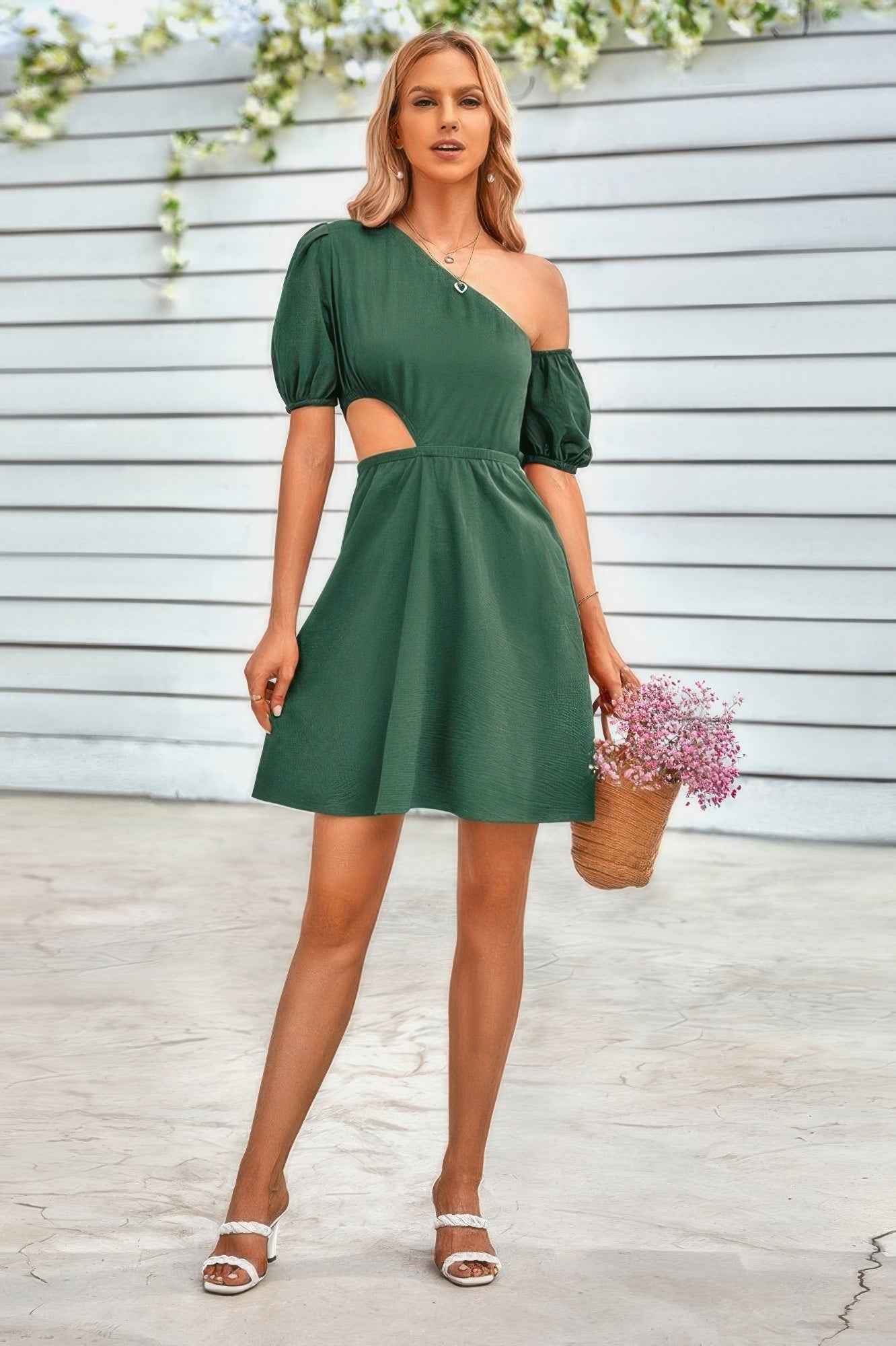 One Shoulder Puff Sleeve Fit Flare Short Dress One Shoulder Puff Sleeve Fit Flare Short Dress