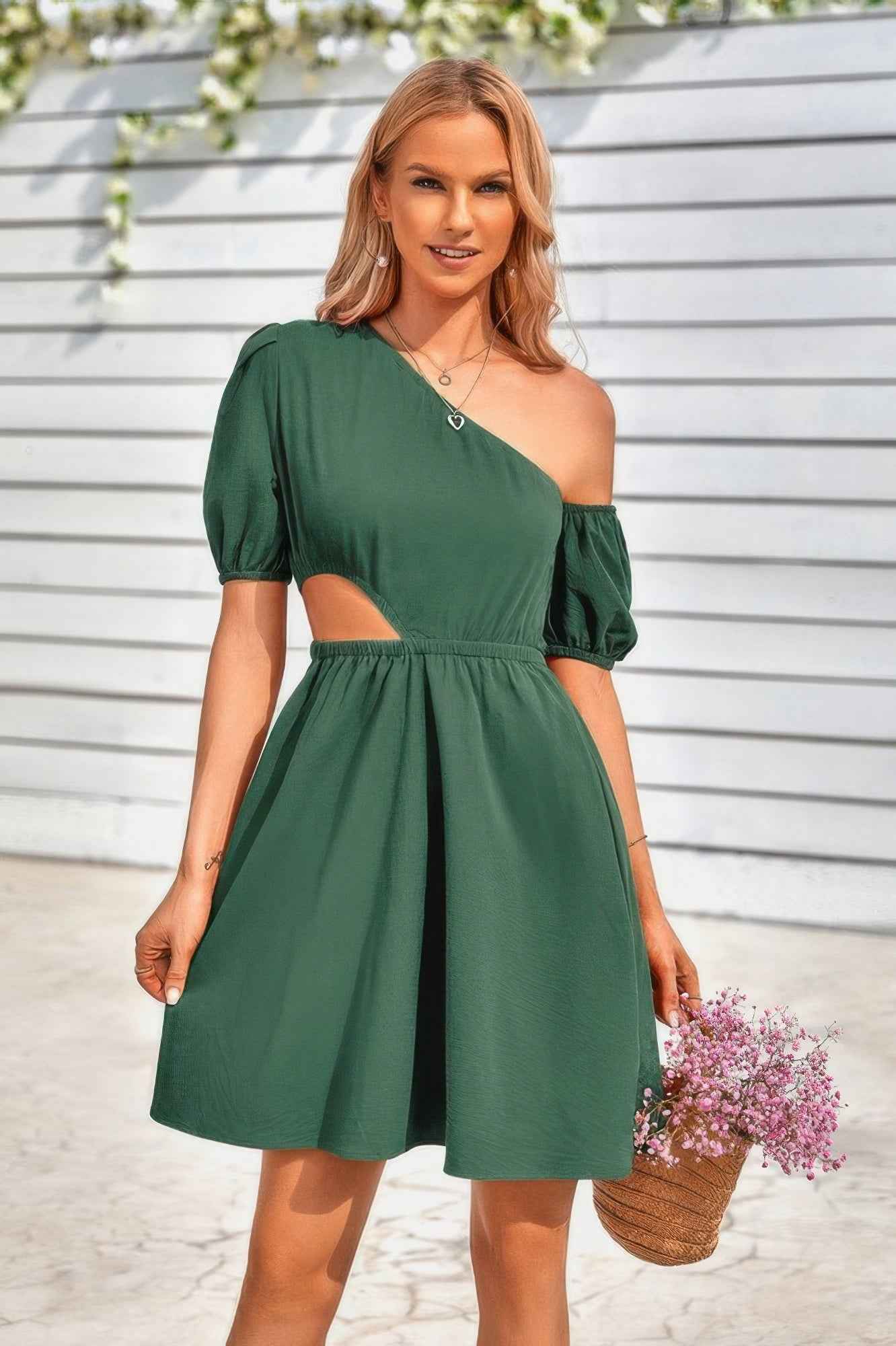One Shoulder Puff Sleeve Fit Flare Short Dress One Shoulder Puff Sleeve Fit Flare Short Dress