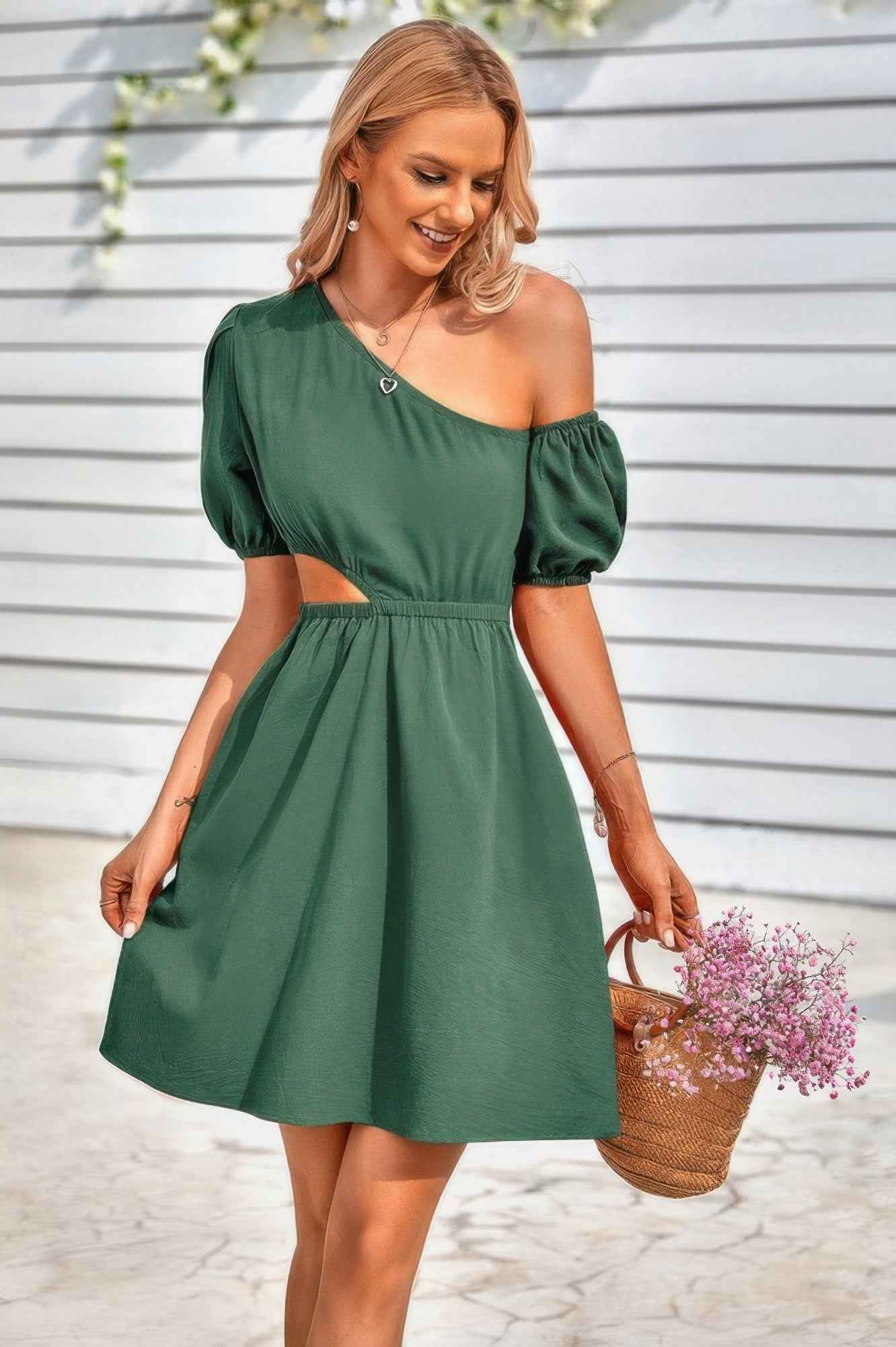 One Shoulder Puff Sleeve Fit Flare Short Dress One Shoulder Puff Sleeve Fit Flare Short Dress