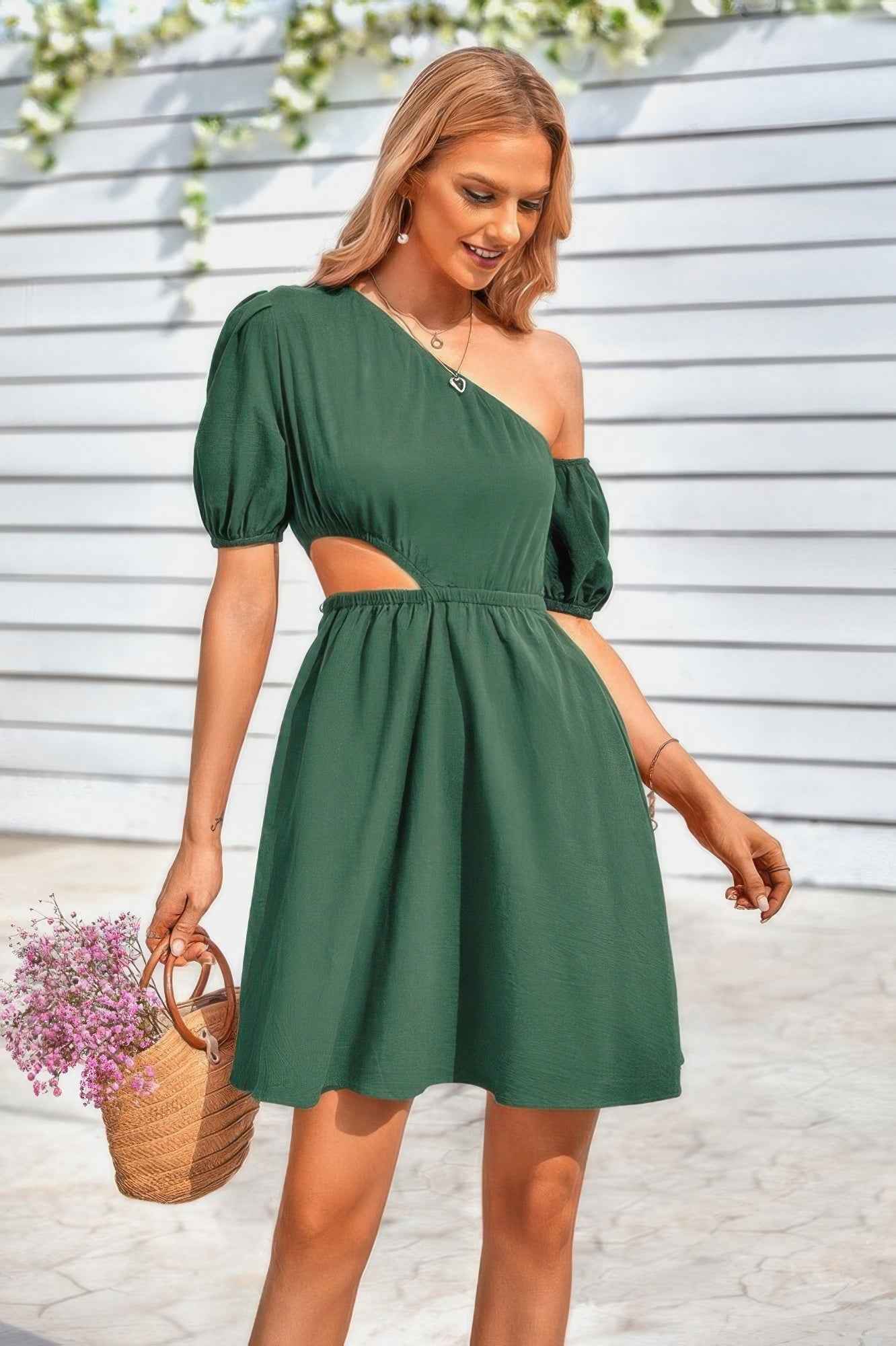 One Shoulder Puff Sleeve Fit Flare Short Dress One Shoulder Puff Sleeve Fit Flare Short Dress