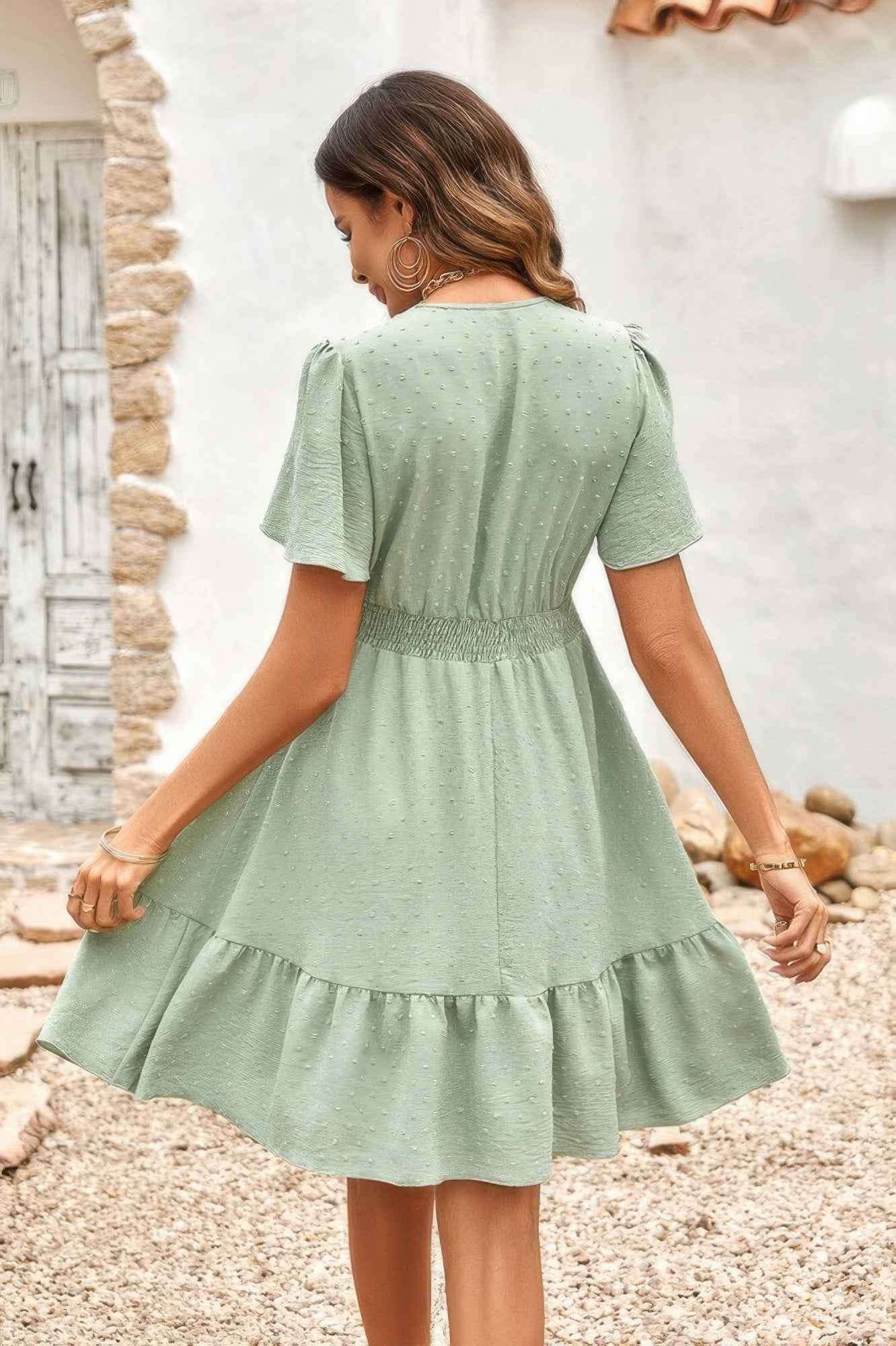 Swiss Dot Cutout Ruffle V Neck Puff Sleeve Dress Swiss Dot Cutout Ruffle V Neck Puff Sleeve Dress