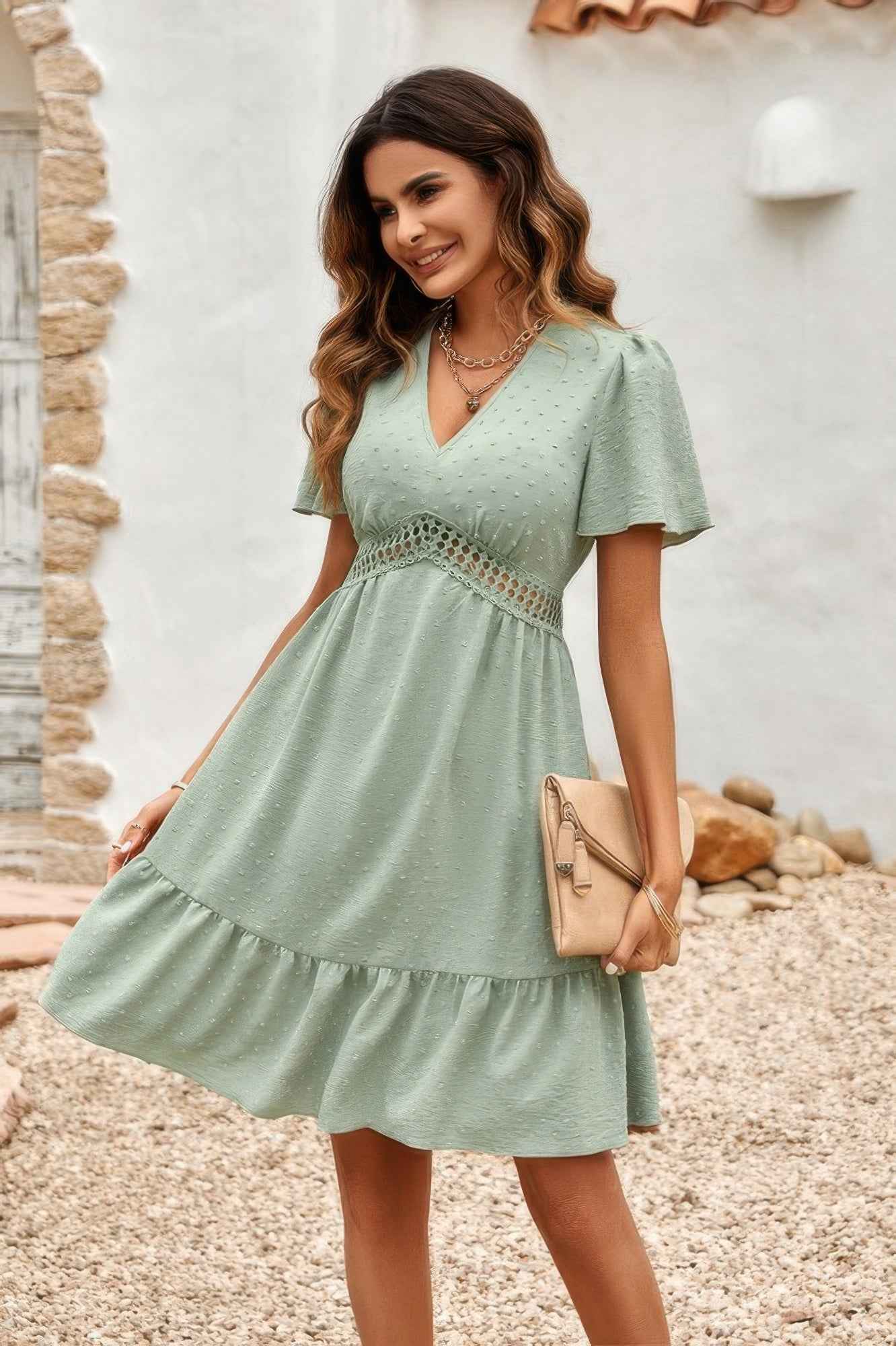 Swiss Dot Cutout Ruffle V Neck Puff Sleeve Dress Swiss Dot Cutout Ruffle V Neck Puff Sleeve Dress