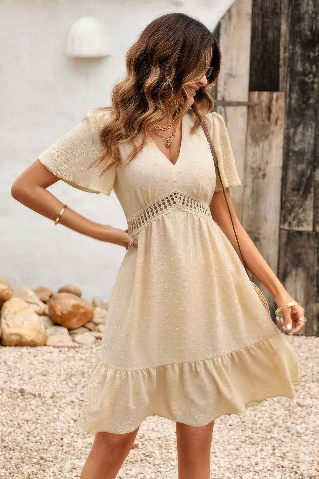 Swiss Dot Cutout Ruffle V Neck Puff Sleeve Dress Swiss Dot Cutout Ruffle V Neck Puff Sleeve Dress