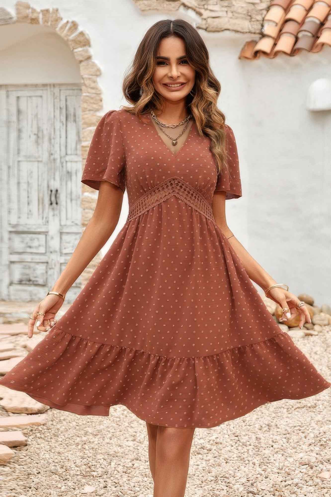 Swiss Dot Cutout Ruffle V Neck Puff Sleeve Dress Swiss Dot Cutout Ruffle V Neck Puff Sleeve Dress