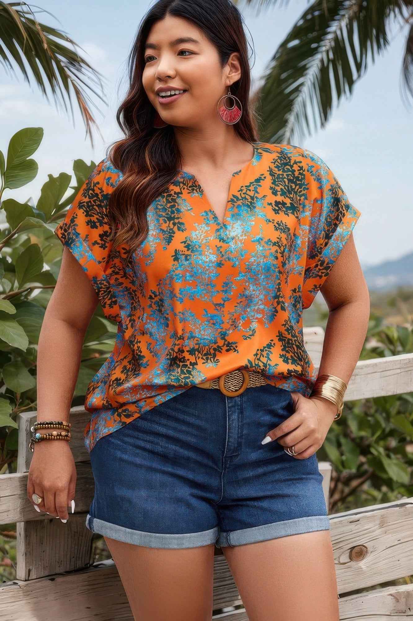 Plus Floral V Neck Batwing Sleeve Loose Shirt Plus Floral V Neck Batwing Sleeve Loose Shirt