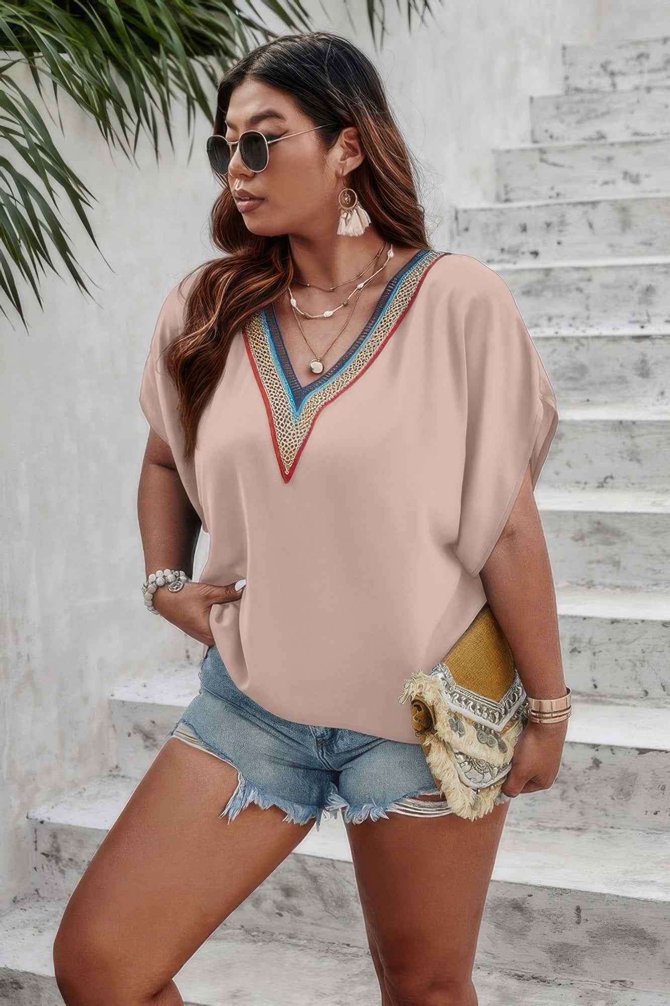 Plus Batwing Short Sleeve Lace V Neck Blouse Plus Batwing Short Sleeve Lace V Neck Blouse