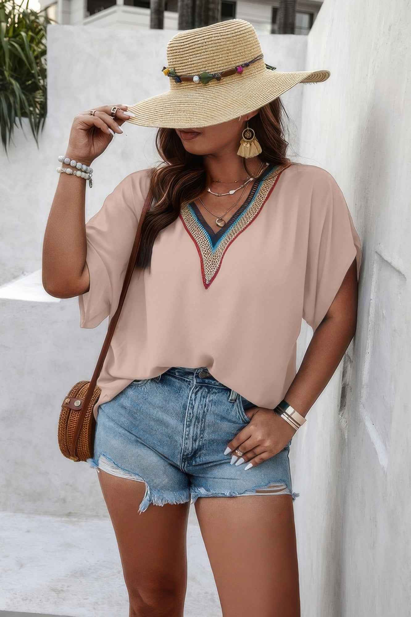 Plus Batwing Short Sleeve Lace V Neck Blouse Plus Batwing Short Sleeve Lace V Neck Blouse
