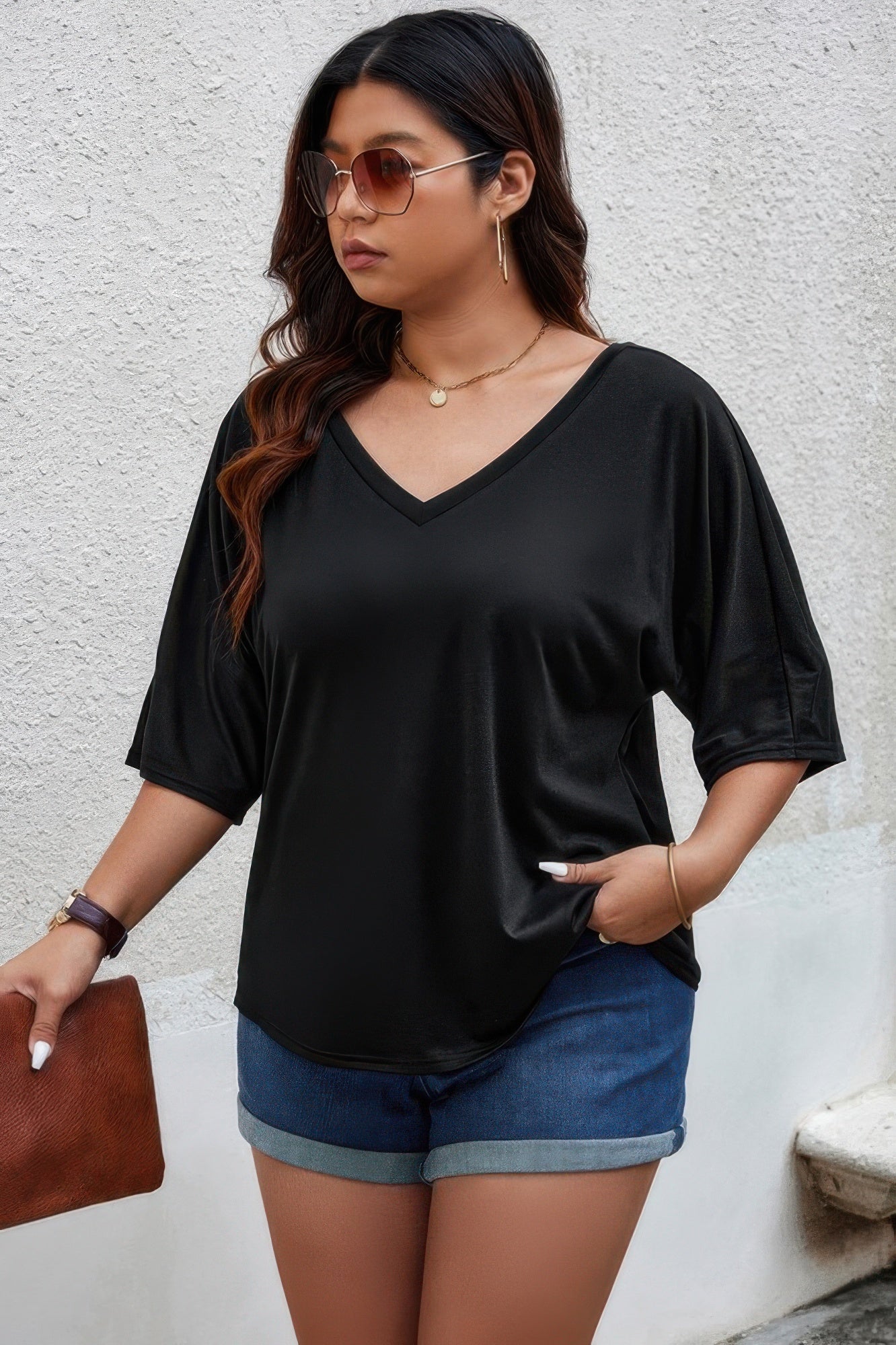 Plus Size Solid Drop Shoulder Short Sleeve Shirt product image