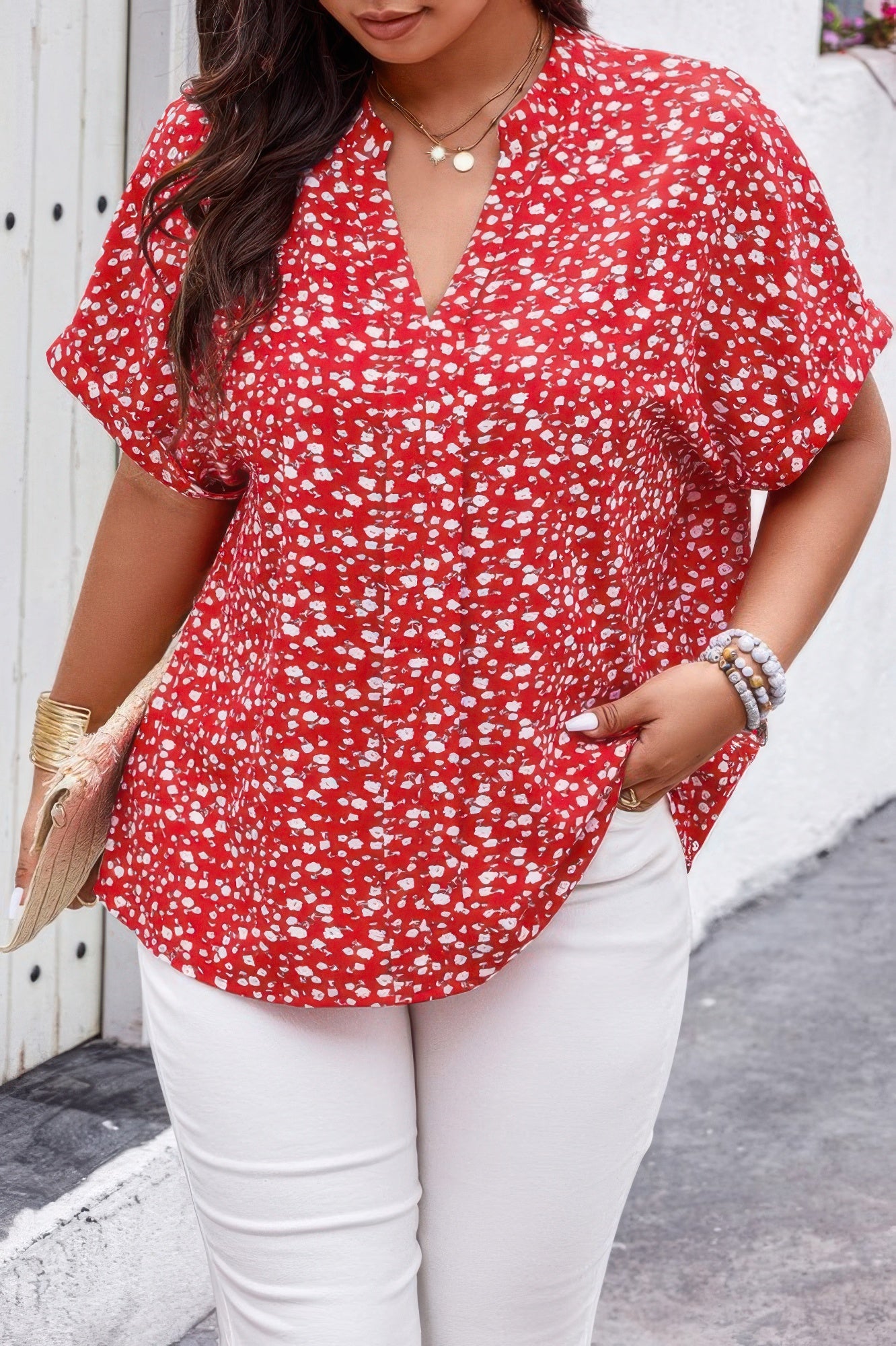 Plus Floral Print V Neck Short Sleeve Loose Blouse product image
