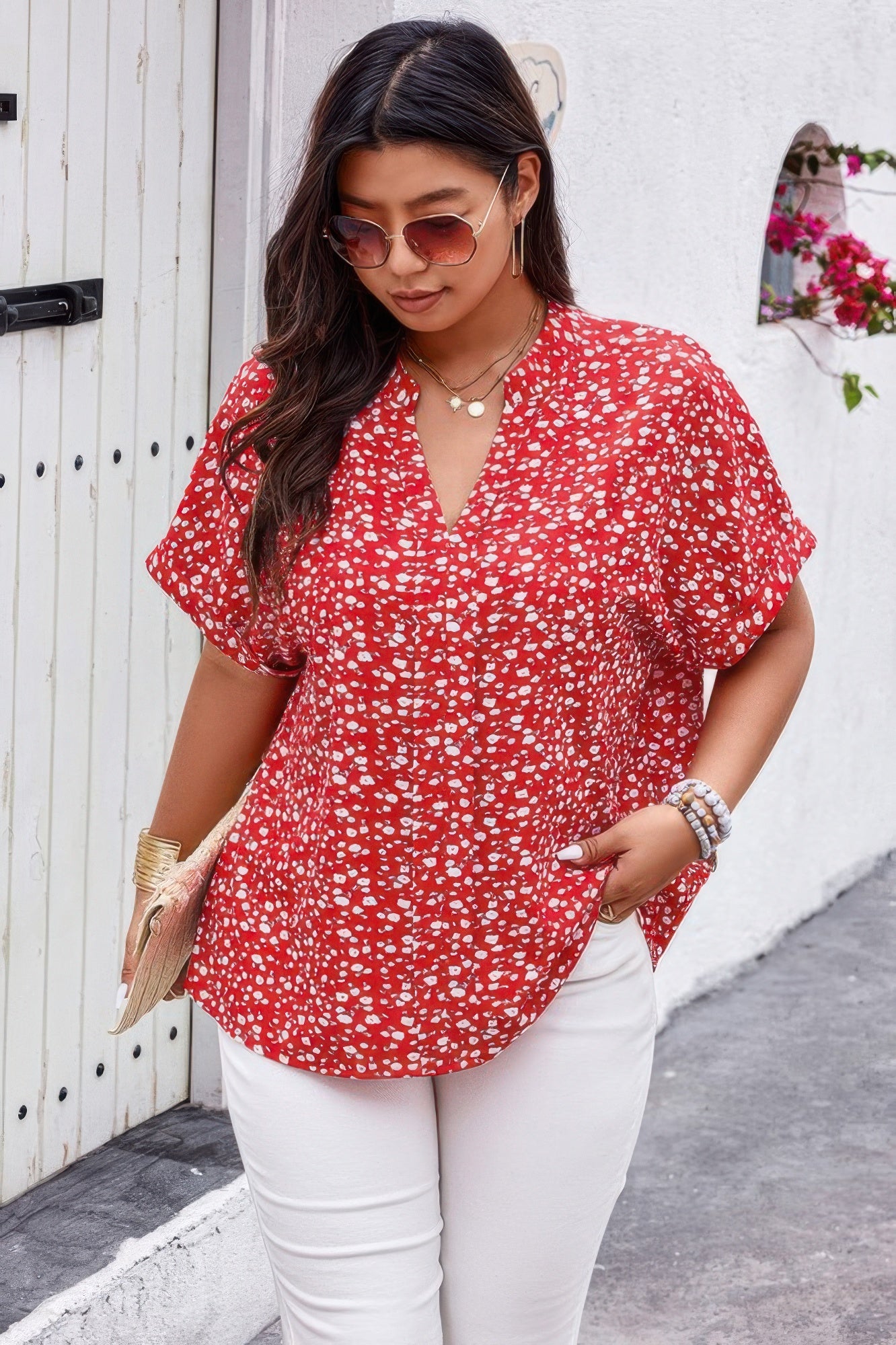 Plus Floral Print V Neck Short Sleeve Loose Blouse product image