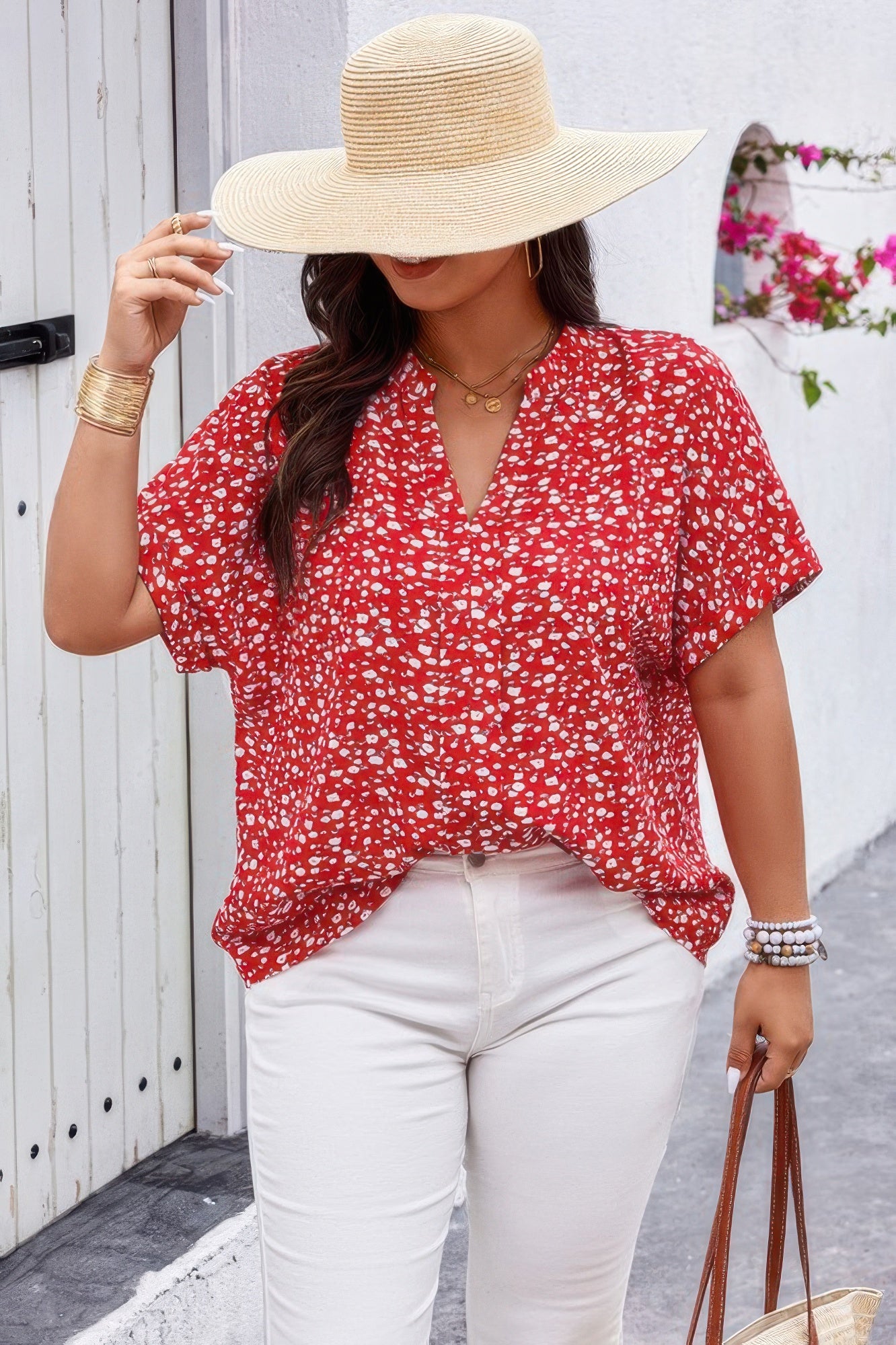 Plus Floral Print V Neck Short Sleeve Loose Blouse product image