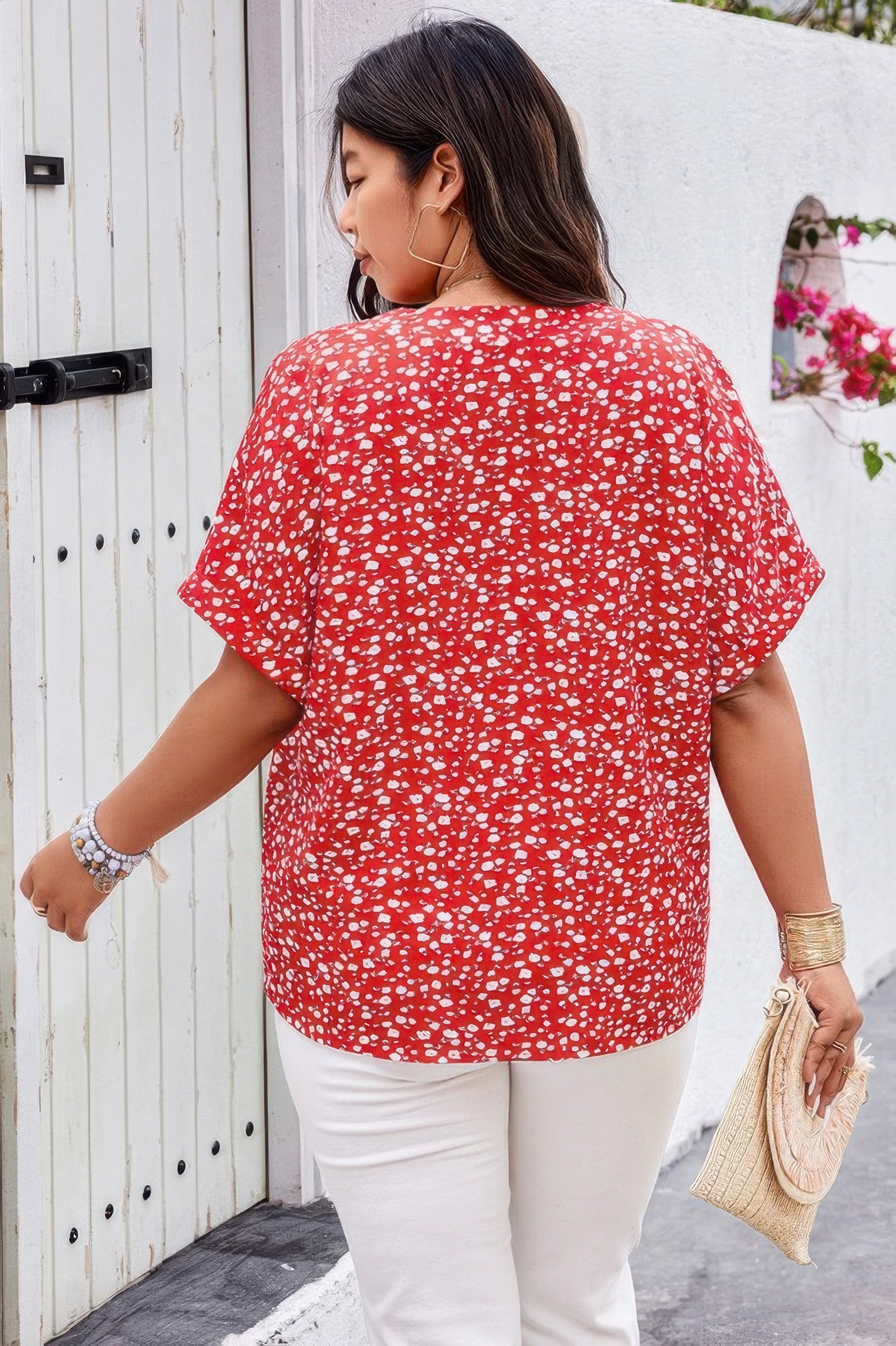 Plus Floral Print V Neck Short Sleeve Loose Blouse product image