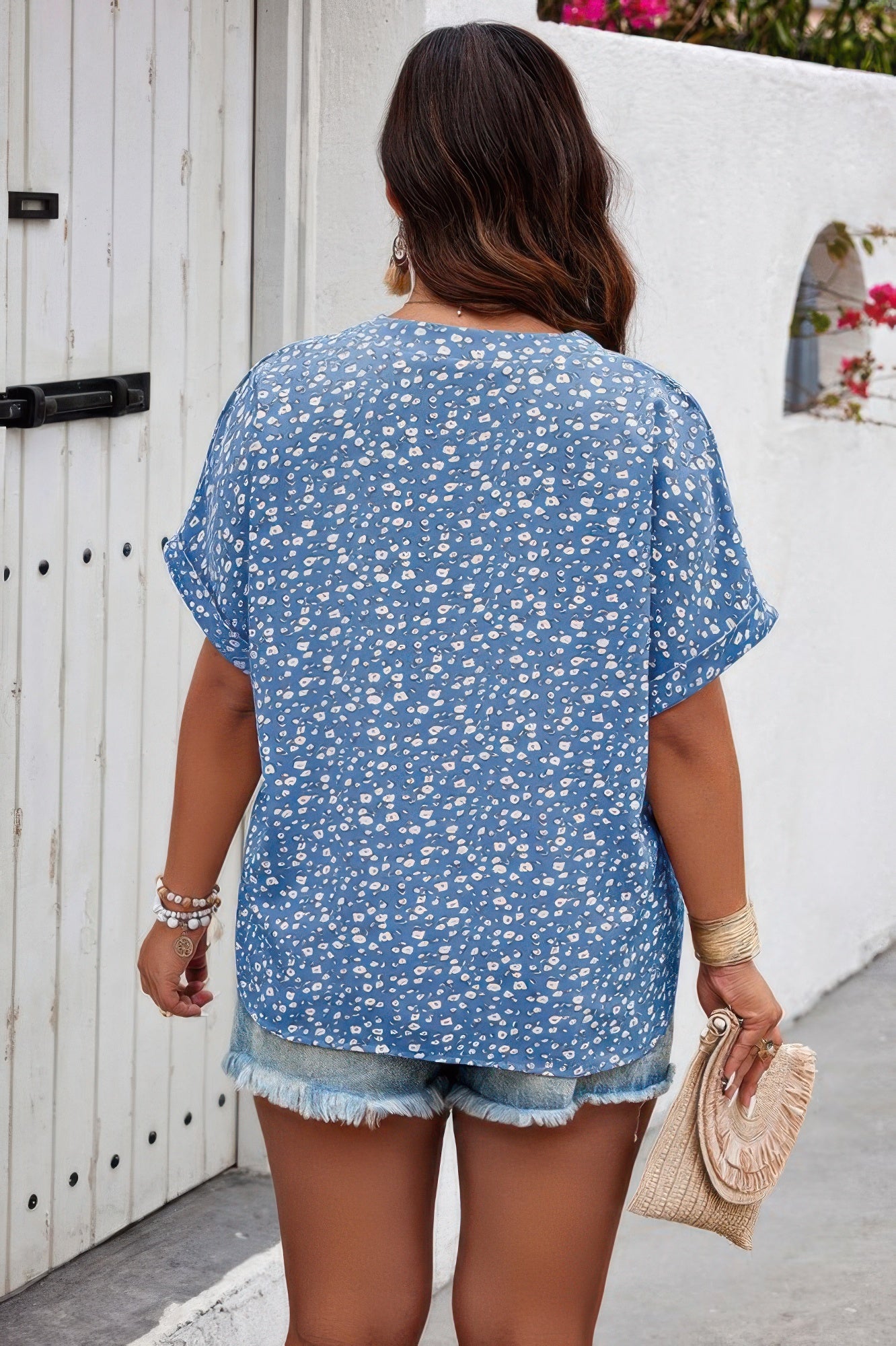 Plus Size Floral Print V Neck Short Sleeve Blouse product image